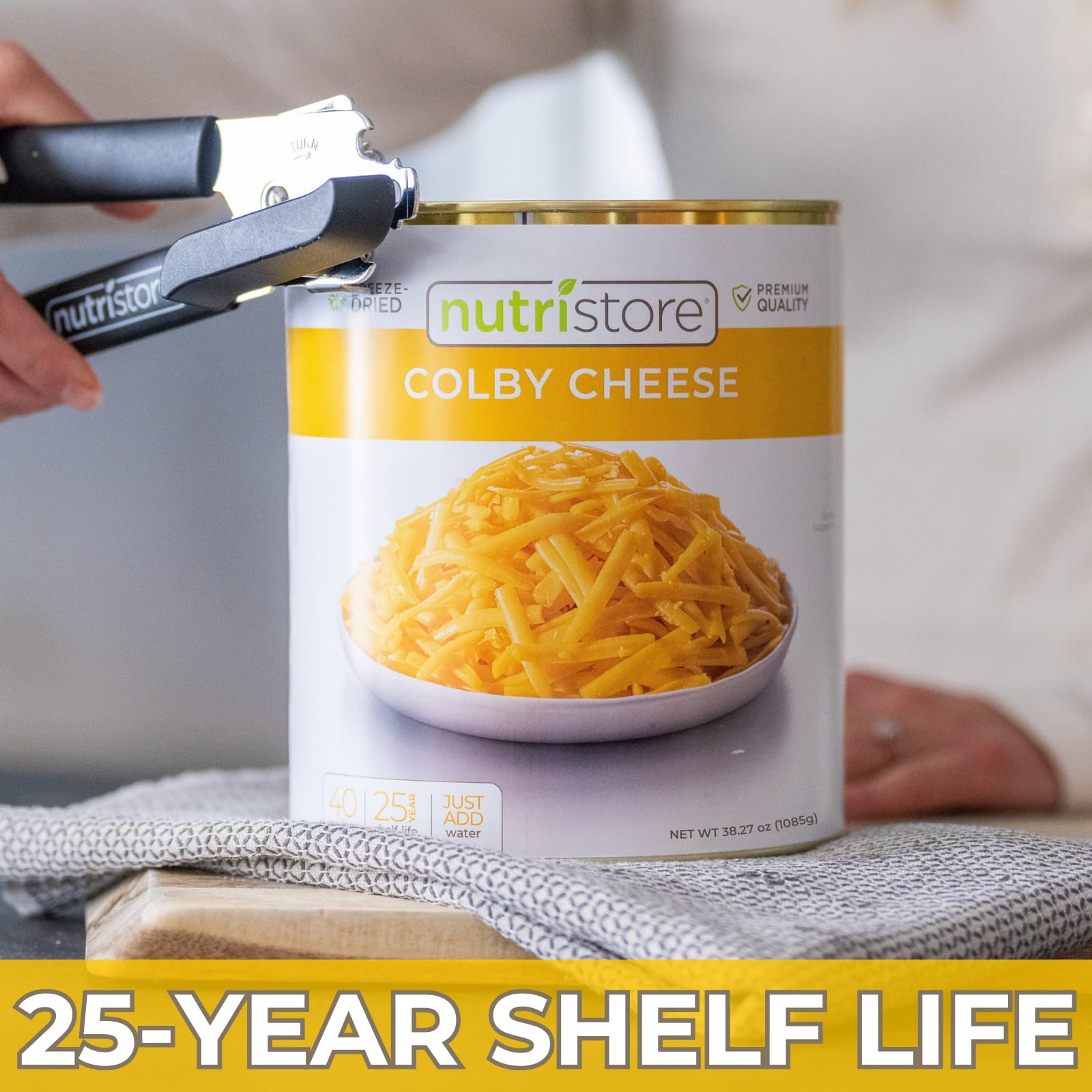 Nutristore Freeze Dried Colby Cheese Shreds | Long Shelf Life Emergency Food Supply (25 Years) | Bulk #10 Can 38.1oz (1080g) | Ideal for Camping, Hiking, Prepping & Everyday Cooking | Perfect for Cheese Toppings, Omelets, Pasta & Emergency Kits