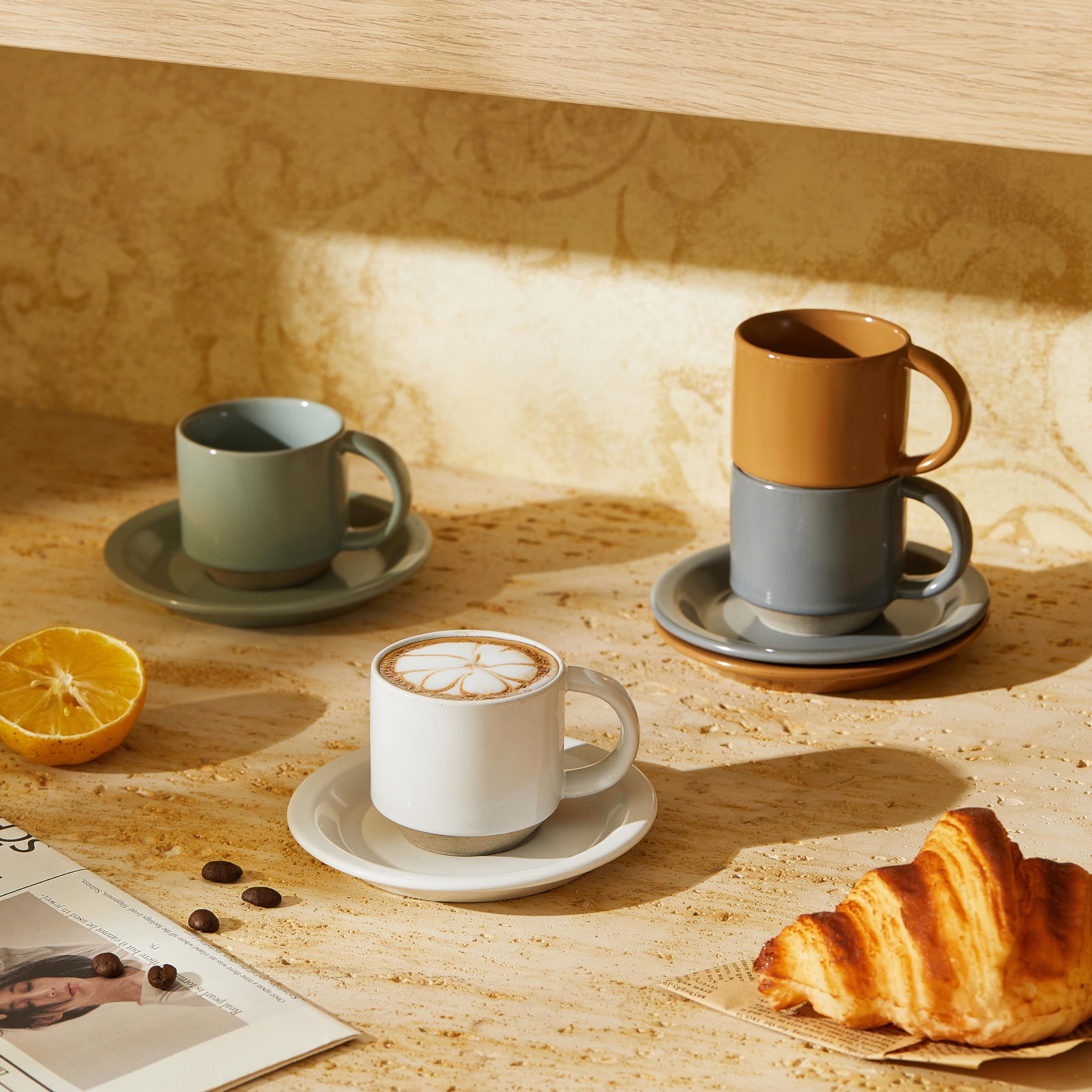 Premium 4-Pack Ceramic Espresso Cups Set - 3 oz Mini Demitasse Mugs with Handles, Modern Design, Microwave & Dishwasher Safe (Multi-Color) - Perfect for Home Coffee Bars, Italian Restaurants & Gift Giving