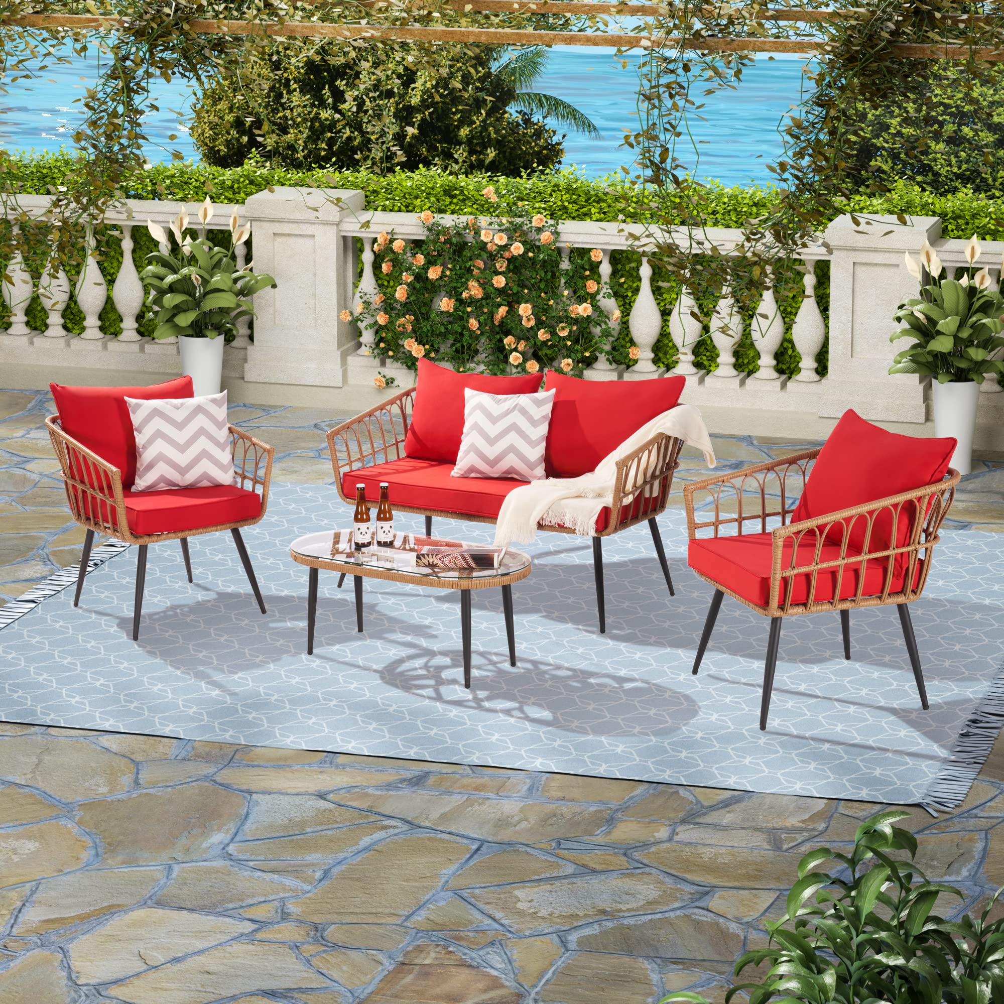 EMKK 4-Piece Dark Gray Wicker Patio Furniture Set - Outdoor Rattan Conversation Set with Glass Coffee Table for Lawn, Garden & Poolside | Perfect for Backyard Relaxation, Outdoor Entertaining & Pool Area Lounging