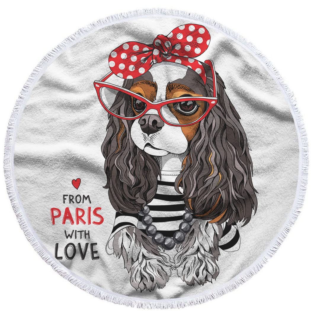 **Beabes Dog Beach Towel - Cute Pug in Sunglasses & Polka Dot Headband with Love Quote - 63 Inch Large Round Bath Towel for Travel, Picnic, Beach & Hand Towel Use**    **场景应用:** Perfect for beach trips, poolside lounging, picnics, travel, and as a stylish hand towel at home.