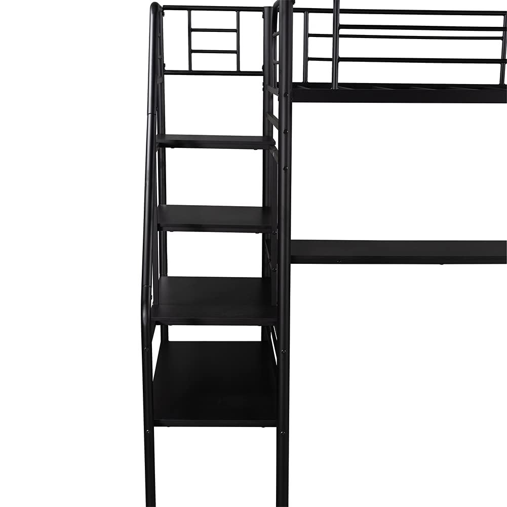Twin Size Metal Loft Bed Frame with Stairway & Guardrails - Space-Saving Bedroom Furniture with Under-Bed Workstation & Full-Length Desk for Small Apartments, Dorm Rooms & Guest Rooms