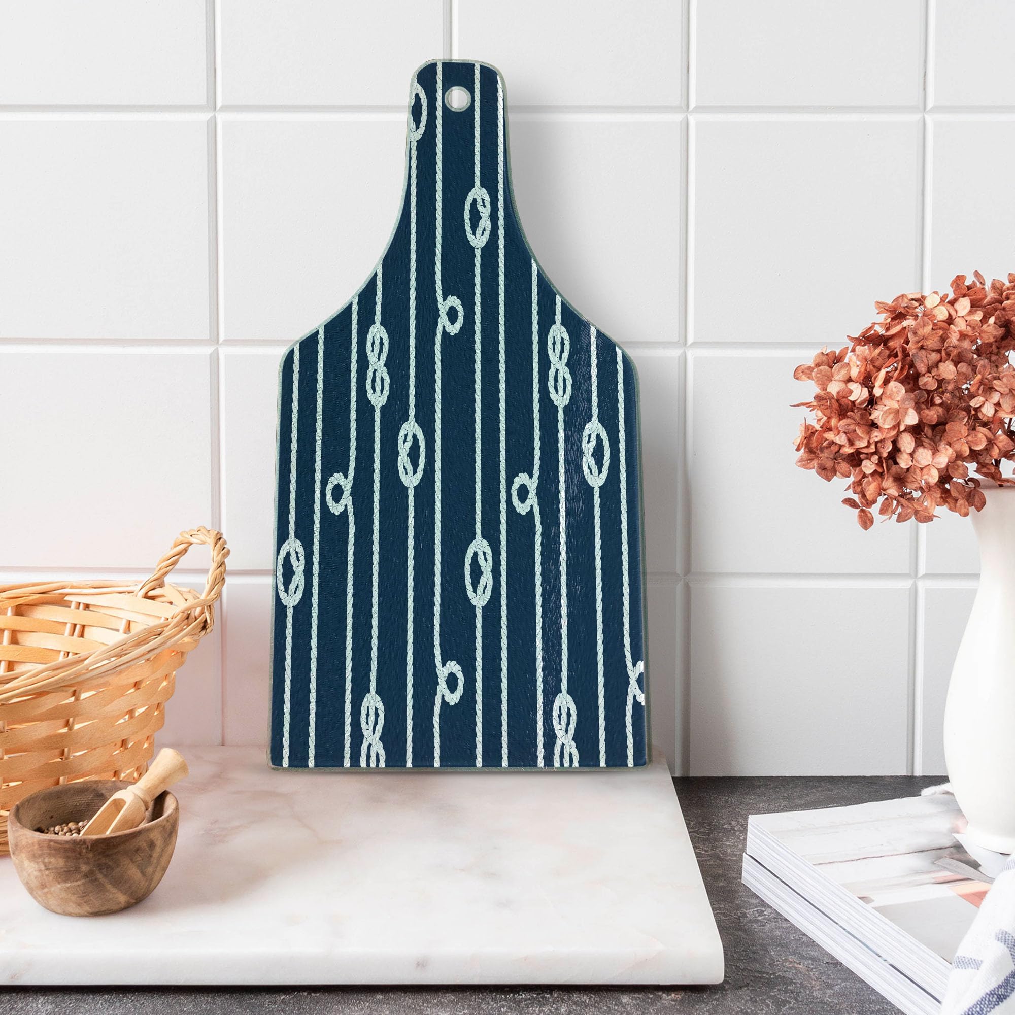 Ambesonne Navy Blue Tempered Glass Cutting Board - Marine Knots Sailor Sailing Theme with Summer Sun Print - Decorative Serving Board for Kitchen, Wine Bottle Shape in White and Blue - Perfect for Entertaining, Charcuterie, and Gift Giving