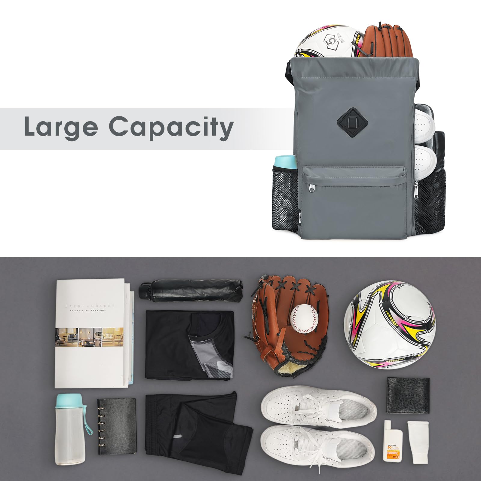 WANDF Drawstring Backpack - Large Water-Resistant Gym Bag with Shoe Compartment for Men & Women | Perfect for Sports, Travel & Workouts (Grey)