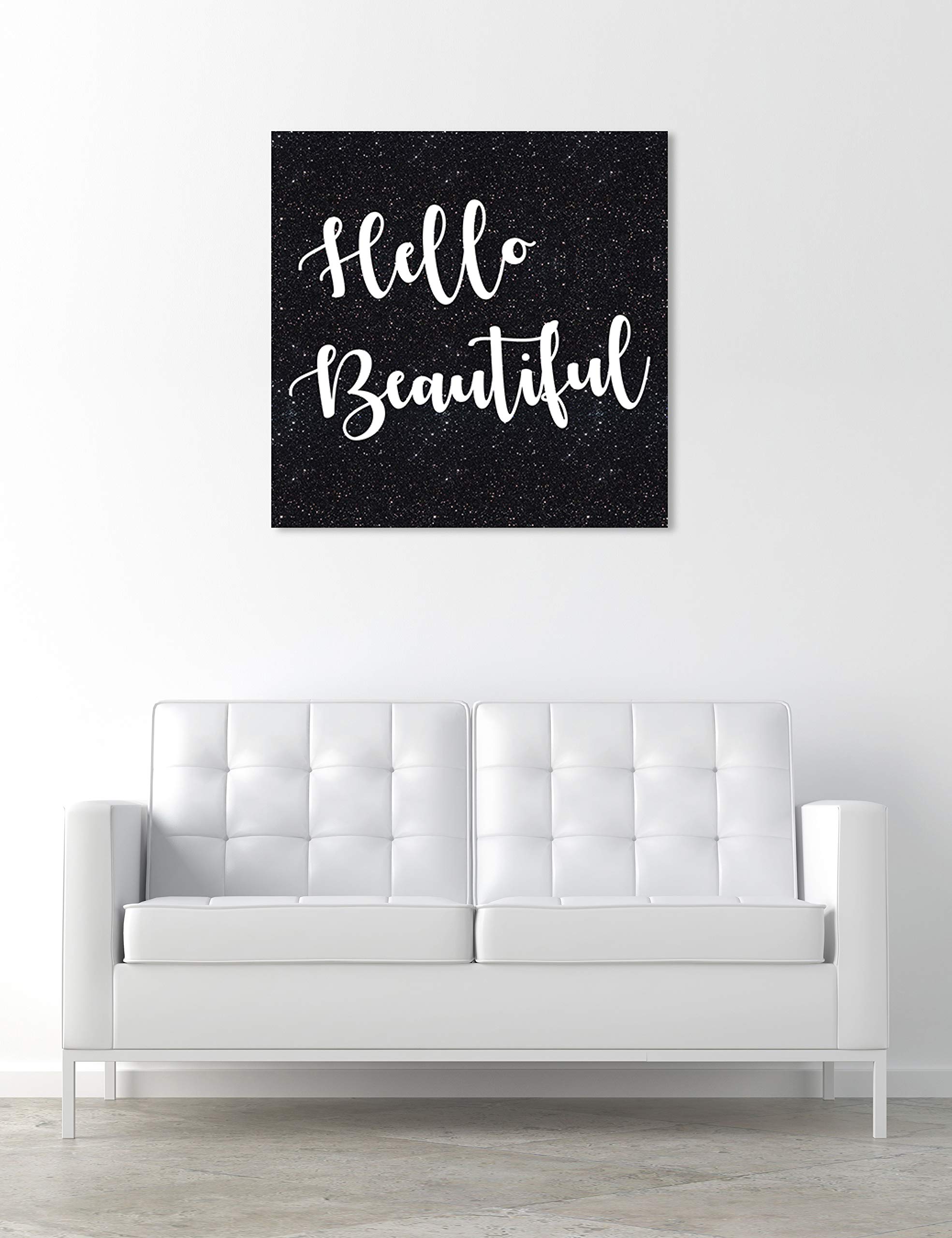 Oliver Gal Artist Co. 'Hello Beautiful Glitter' Typography Wall Art - 30x30 Inch White & Black Canvas Print for Living Room, Bedroom, Office Decor - Inspirational Quote Home Decor Gift