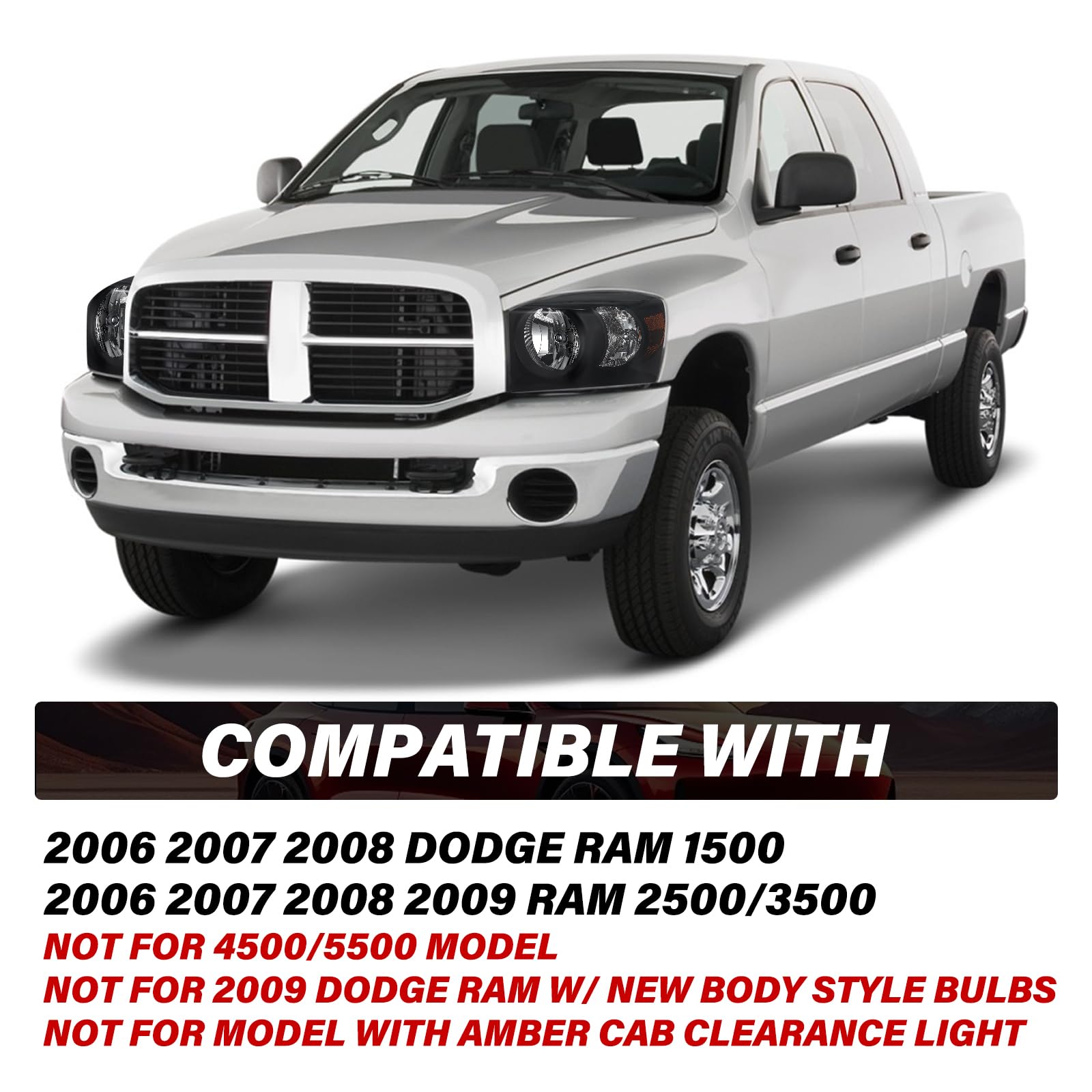BRYGHT Anti-Fog Headlight Assembly for 2006-2008 Dodge Ram 1500 & 2006-2009 Ram 2500/3500 - Smoke Lens & Amber Reflector - OE Style Replacement - Enhanced Night Driving Safety