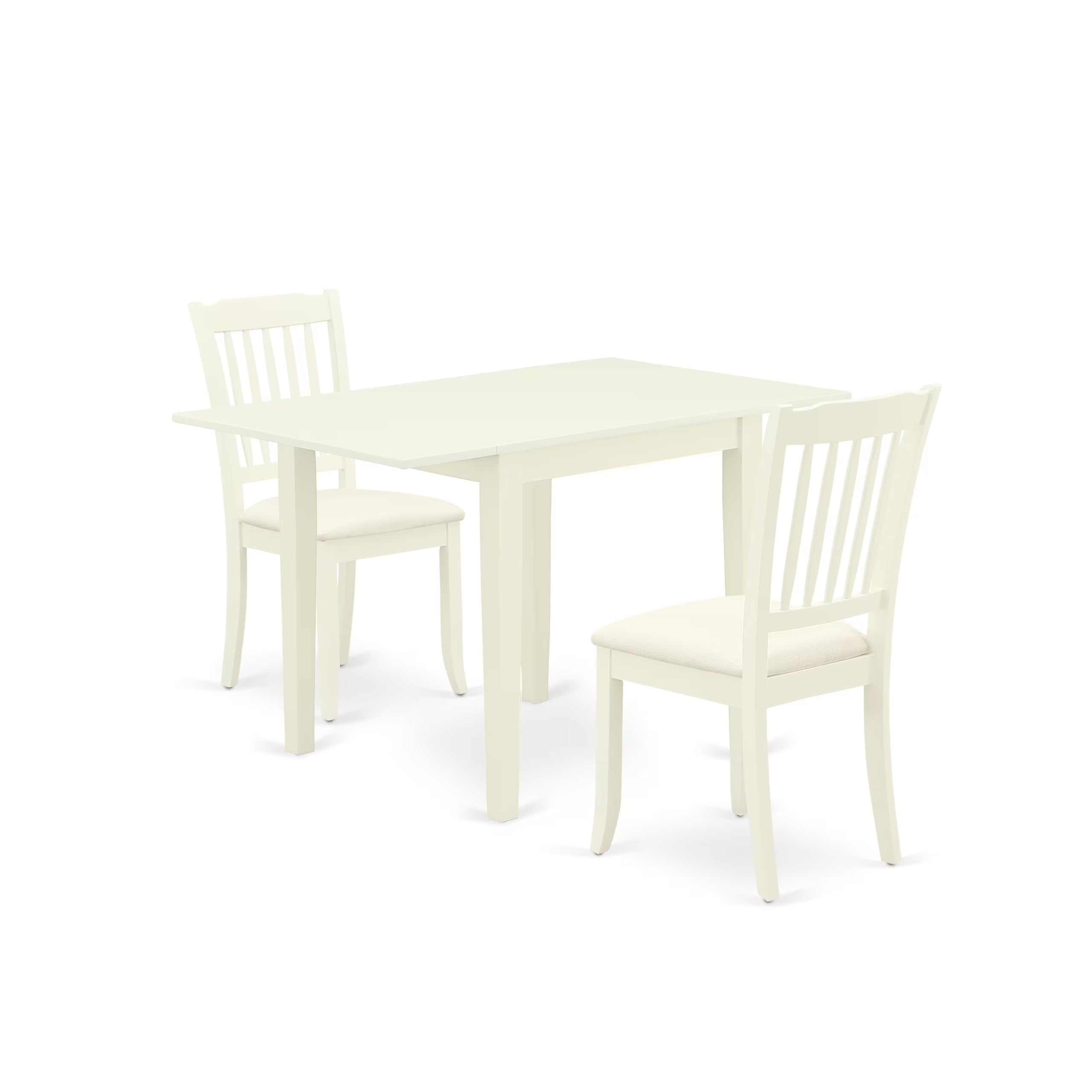 East West Furniture 3 Piece Small Space Dinette Set with Drop Leaf Table & 2 Upholstered Chairs - 30x48 Inch Rectangle Dining Table Set in Linen White - Perfect for Apartments, Breakfast Nooks & Compact Dining Areas