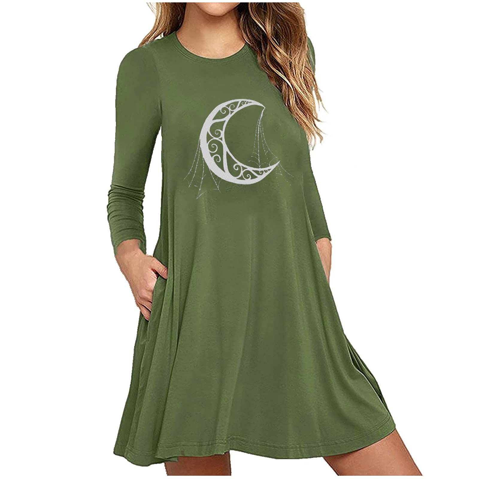 Floral Moon Print Long Sleeve A-Line Sundress for Women - Summer Casual Beach Dress with Loose Fit (Slim & Plus Size) | Perfect for Vacation, Party, Outdoor Events, Seaside Getaways, Summer Festivals, Date Nights, Beach Walks, Picnics & Garden Parties | Boho Style Outfit for Beach, Travel & Everyday Wear | Ideal for Summer Outings, Beach Vacations, Music Festivals, and Casual Daywear
