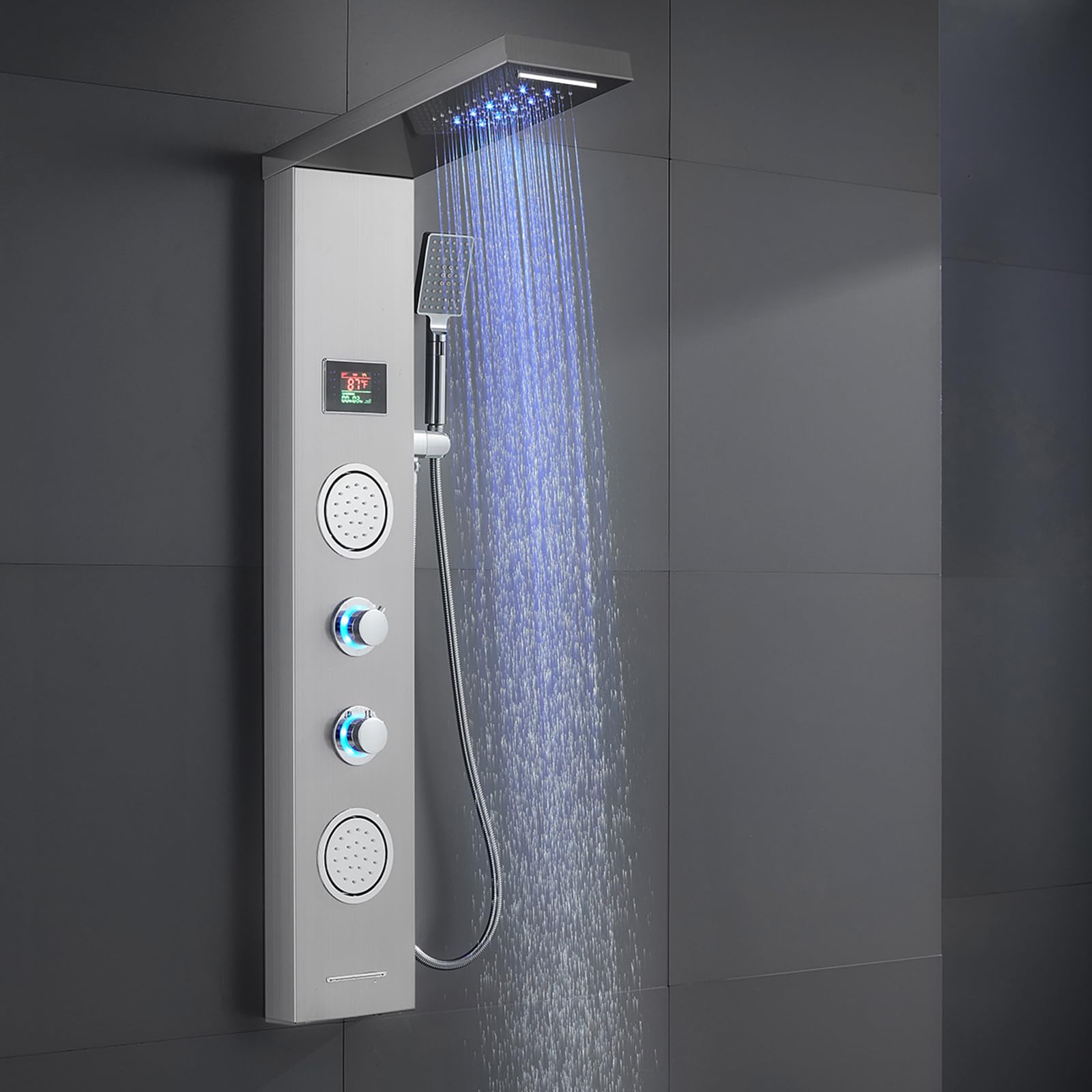 ROVATE 5-in-1 LED Shower Panel Tower System with Rainfall Shower Head, Body Massage Jets, Handheld Shower & Tub Spout - Brushed Stainless Steel for Spa-Like Bathroom Experience