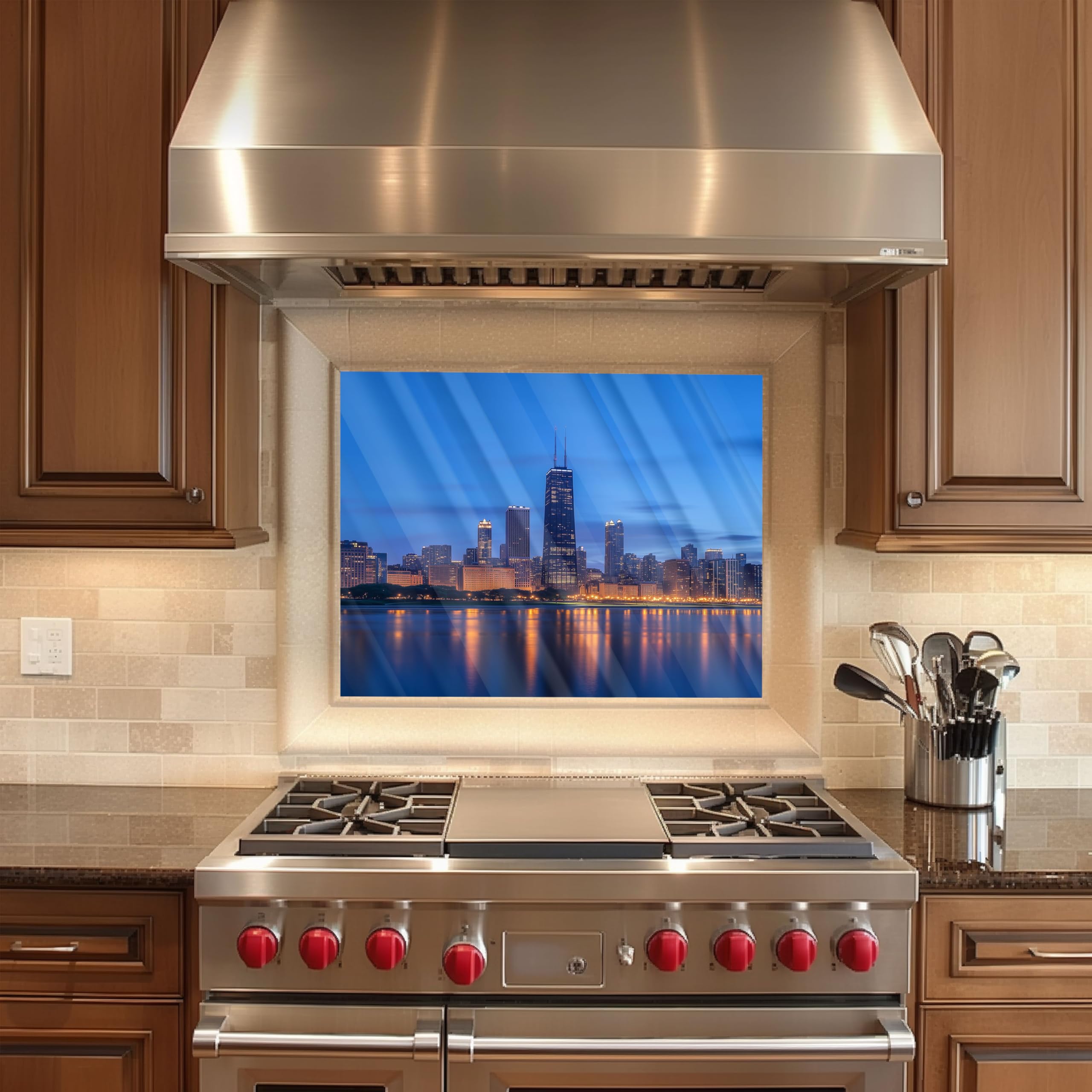 Chicago Skyline Tempered Glass Kitchen Backsplash - Peel and Stick Stove Backsplash, Easy to Clean & Heat Resistant - Perfect for Modern Kitchens, Behind Stove Protection & Stylish Home Decor