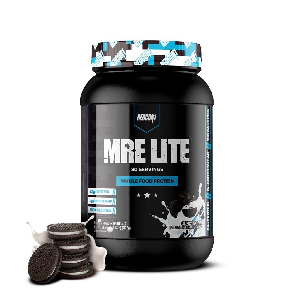 REDCON1 MRE Lite Whole Food Protein Powder - Cookies N' Cream Flavor | Low Carb Whey-Free Meal Replacement with Animal Protein Blends | Easy Digest MCT Oil Supplement (30 Servings) | Perfect for Post-Workout Recovery & Keto Diet