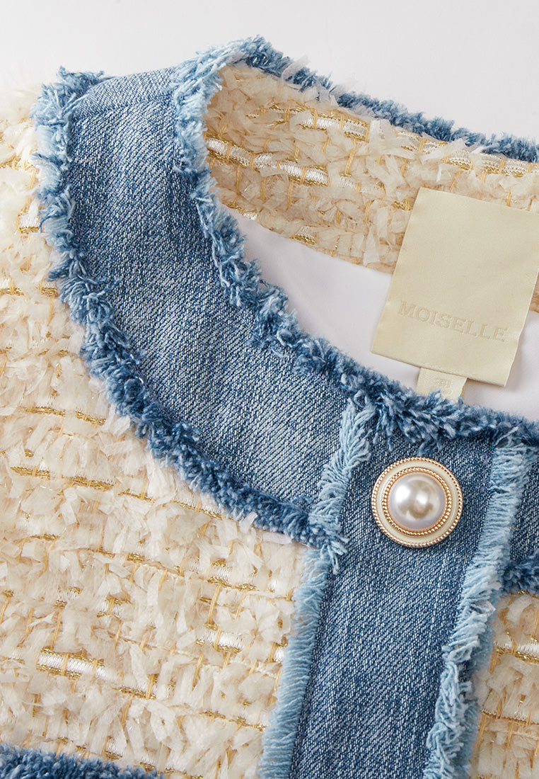 Stylish Contrast Trim Frayed Detail Jacket for Women - Trendy Distressed Denim Outerwear for Casual Outings & Streetwear Fashion