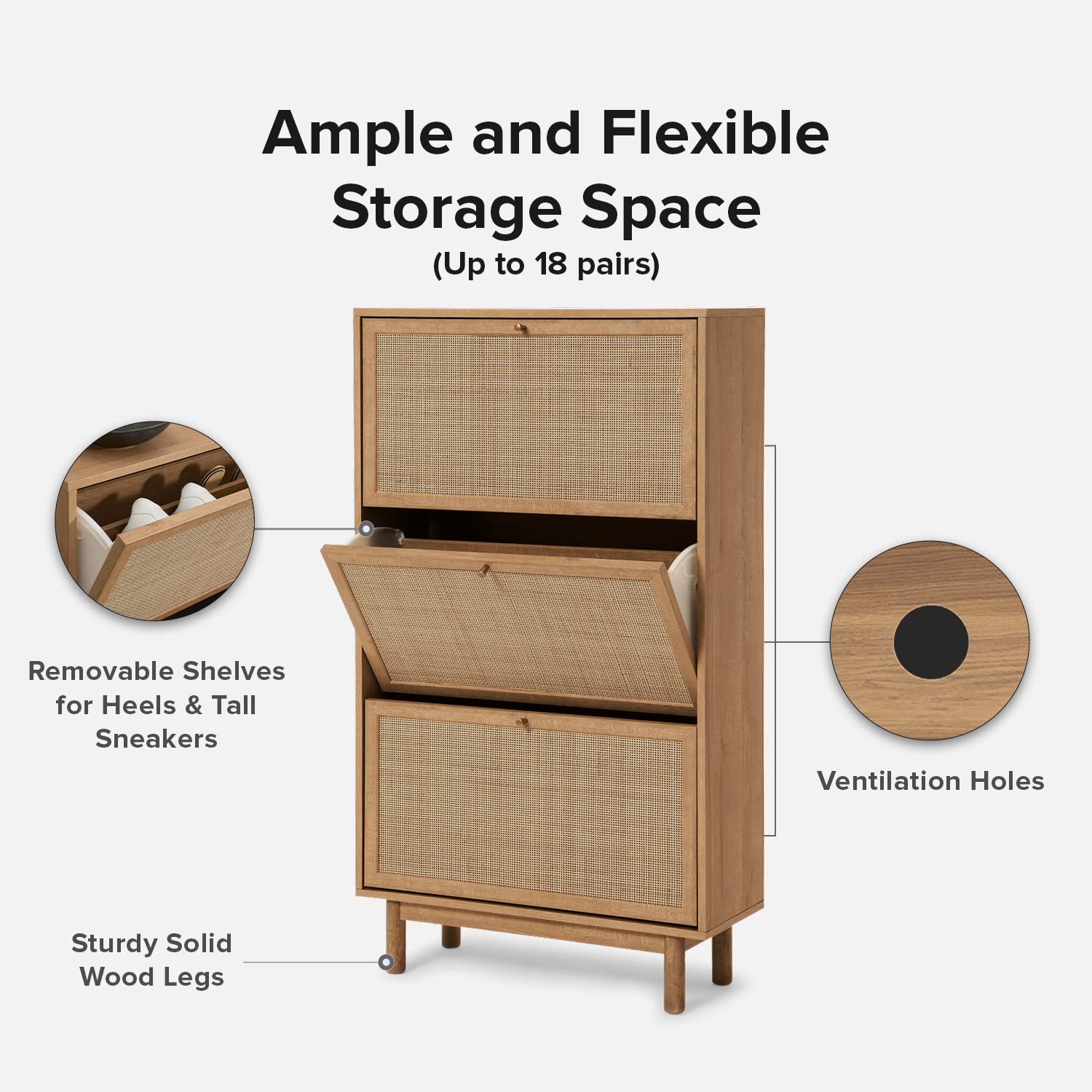 Mopio Hannah Shoe Cabinet - Natural Rattan Farmhouse Entryway Storage Organizer with 3 Doors & Shelves, Solid Wood Legs (Riviera Oak) - Perfect for Hallway, Mudroom, or Closet Organization