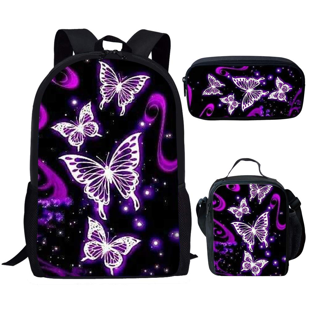 Butterfly Themed 3-in-1 Backpack Set for Girls - Lightweight School Backpack with Matching Lunch Bag, Perfect for Elementary, Kindergarten & Junior Students | Cute Bookbag for School, Travel & Daily Use