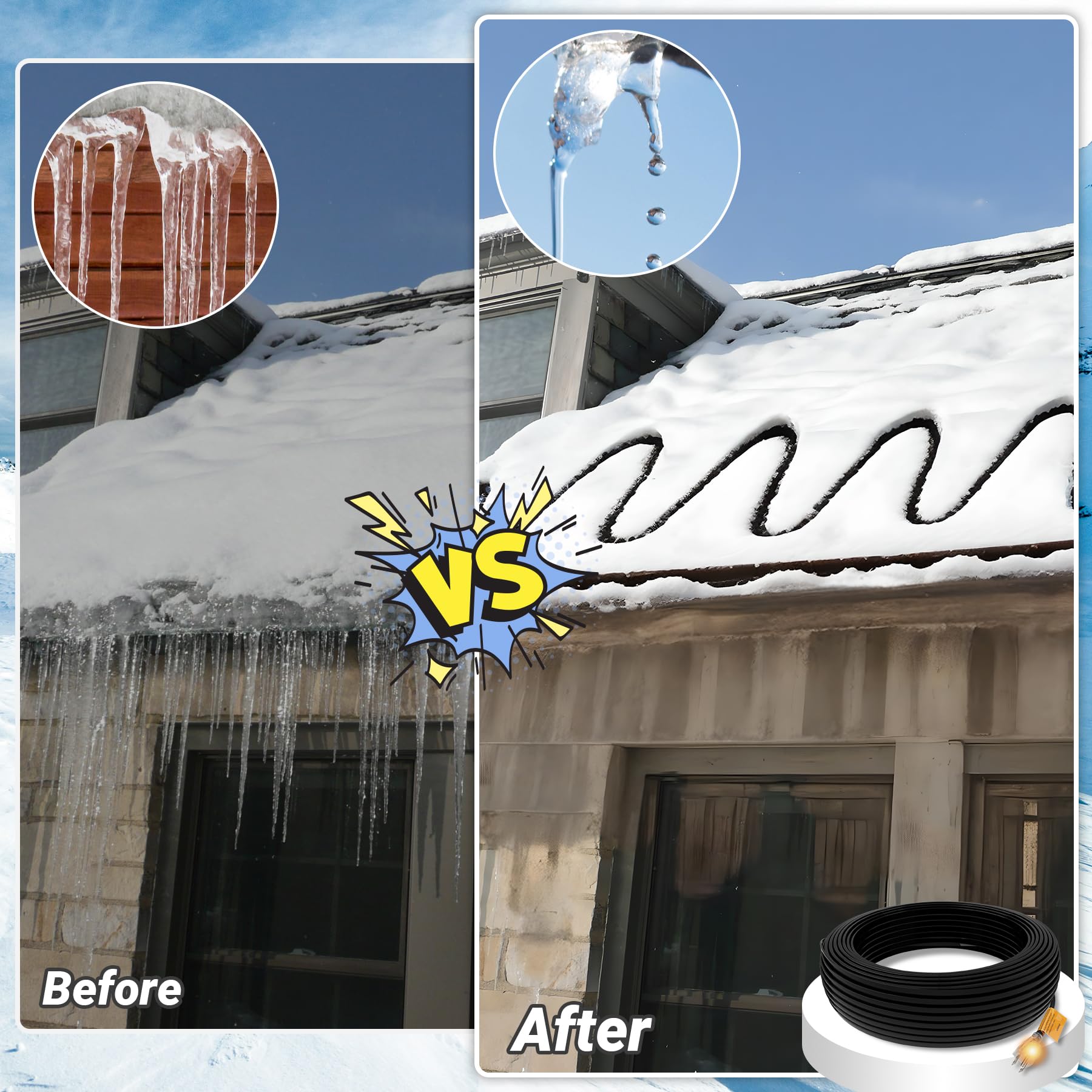 Self-Regulating Heat Tape for Roof and Gutters - 150FT, 8 Watts/ft Roof Heating Cable with 60PCS Clips & Spacers, LED Plug - Prevent Ice Dams & Pipe Freeze - Ideal for Winter Roof Protection, Gutter Heating, and Snow Melting