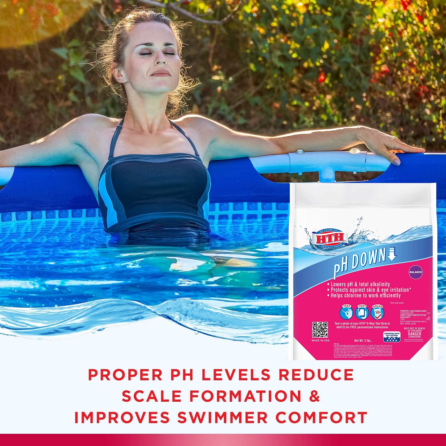 HTH 67040 pH Down Swimming Pool Chemical Balancer - 5 lbs | Lowers pH Levels for Crystal Clear Water | Perfect for Inground & Above Ground Pools, Spas & Hot Tubs
