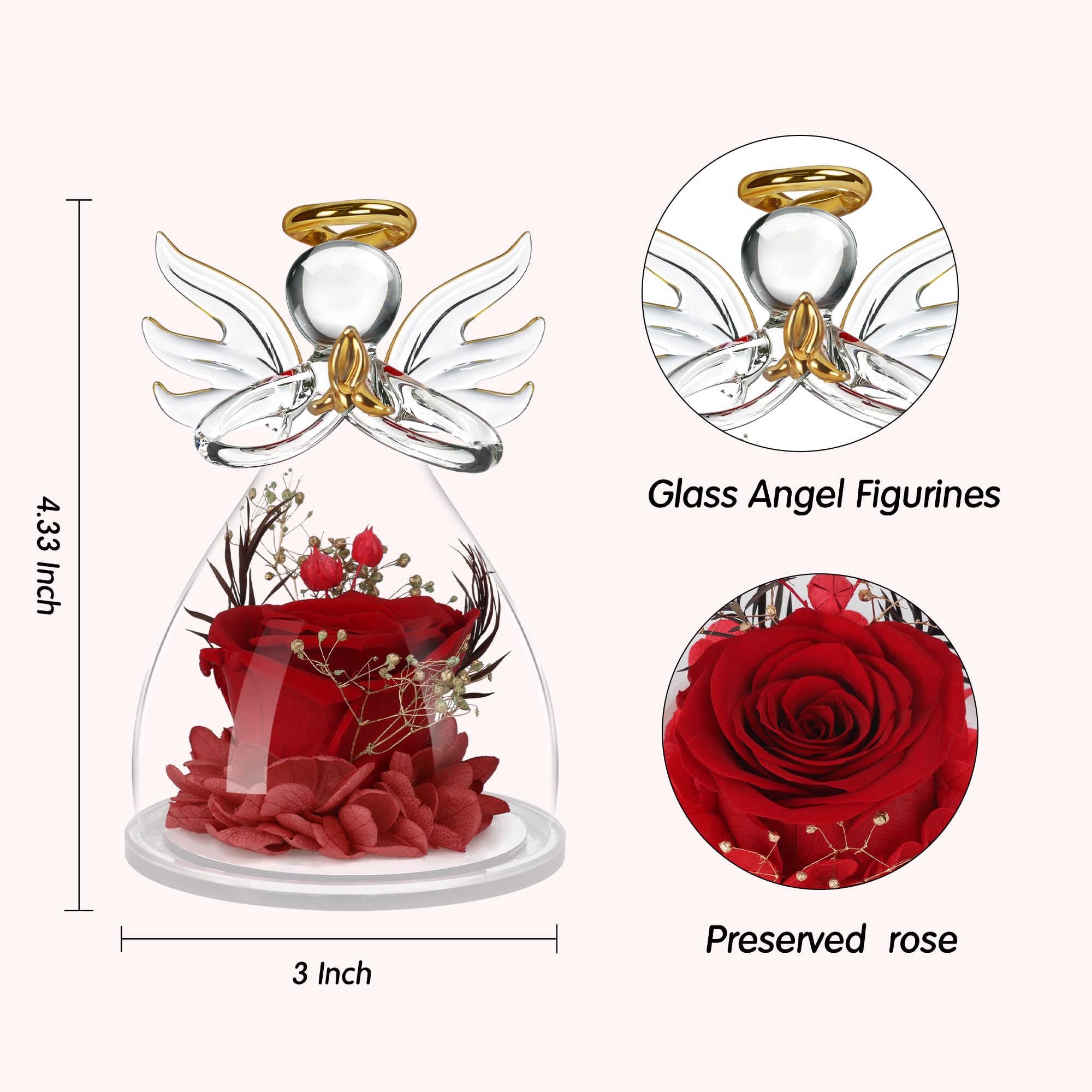 Preserved Rose in Glass Angel Figurine - Mother's Day, Birthday Gift for Women, Mom, Grandma, Wife, Sister - Perfect for Home Decor, Wedding Centerpiece, and Romantic Keepsakes