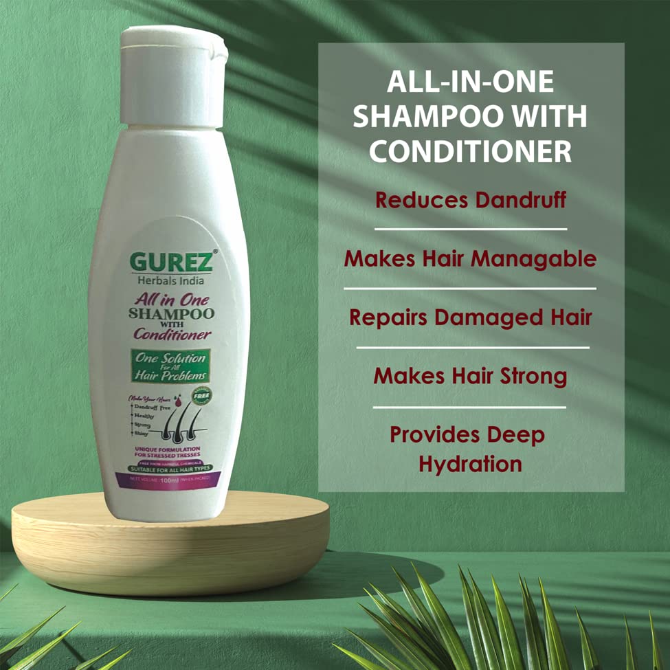 Gurez All-in-One Shampoo & Conditioner 100ml - For All Hair Types | Anti-Dandruff, Hair Repair, Shine & Strength | Men & Women | Damaged Hair Treatment | Perfect for Daily Use, Travel & Gym