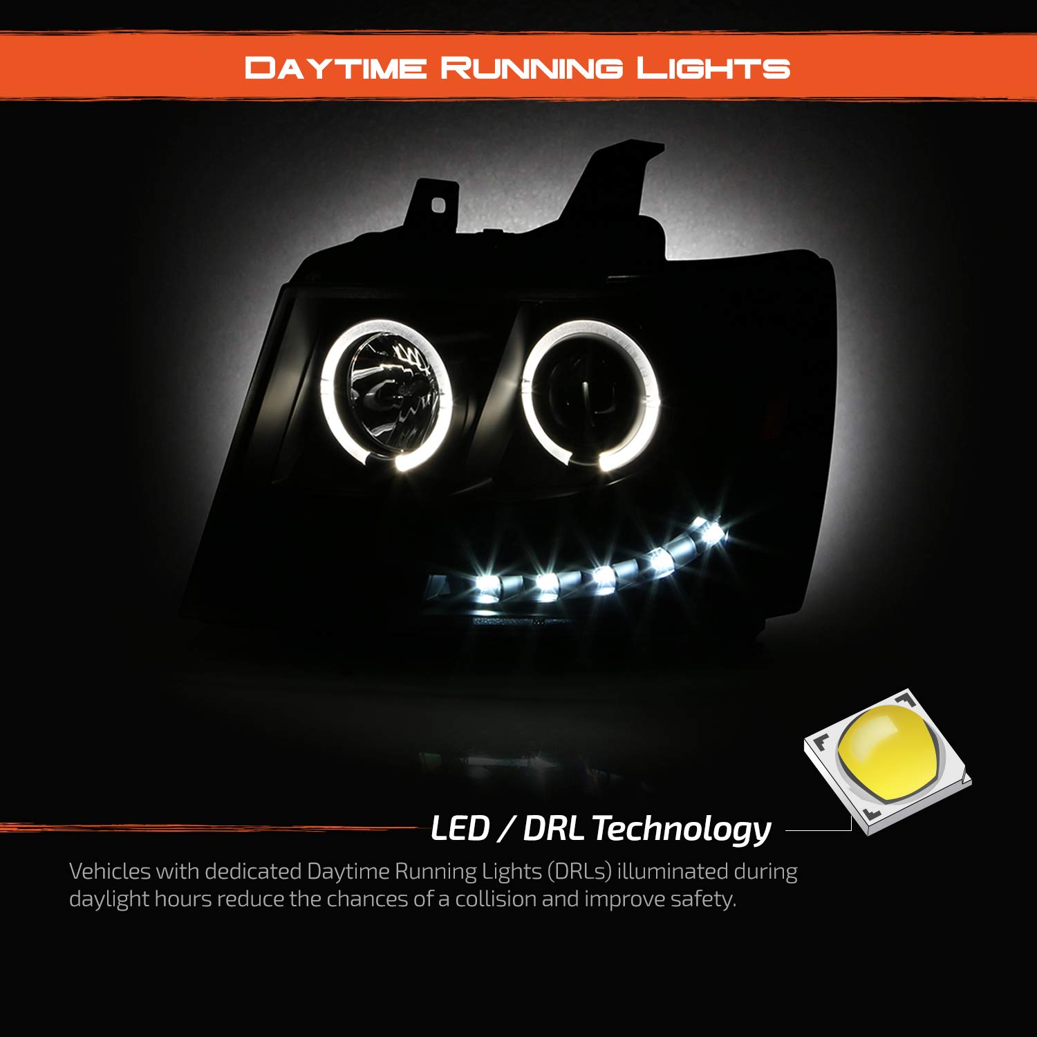 AKKON LED Projector Headlights for 2007-2014 Chevy Tahoe Suburban 1500/2500 & 2007-2013 Avalanche - Black Halo Light Bar Pair (Left+Right) - Upgrade Your Night Driving Safety & Style