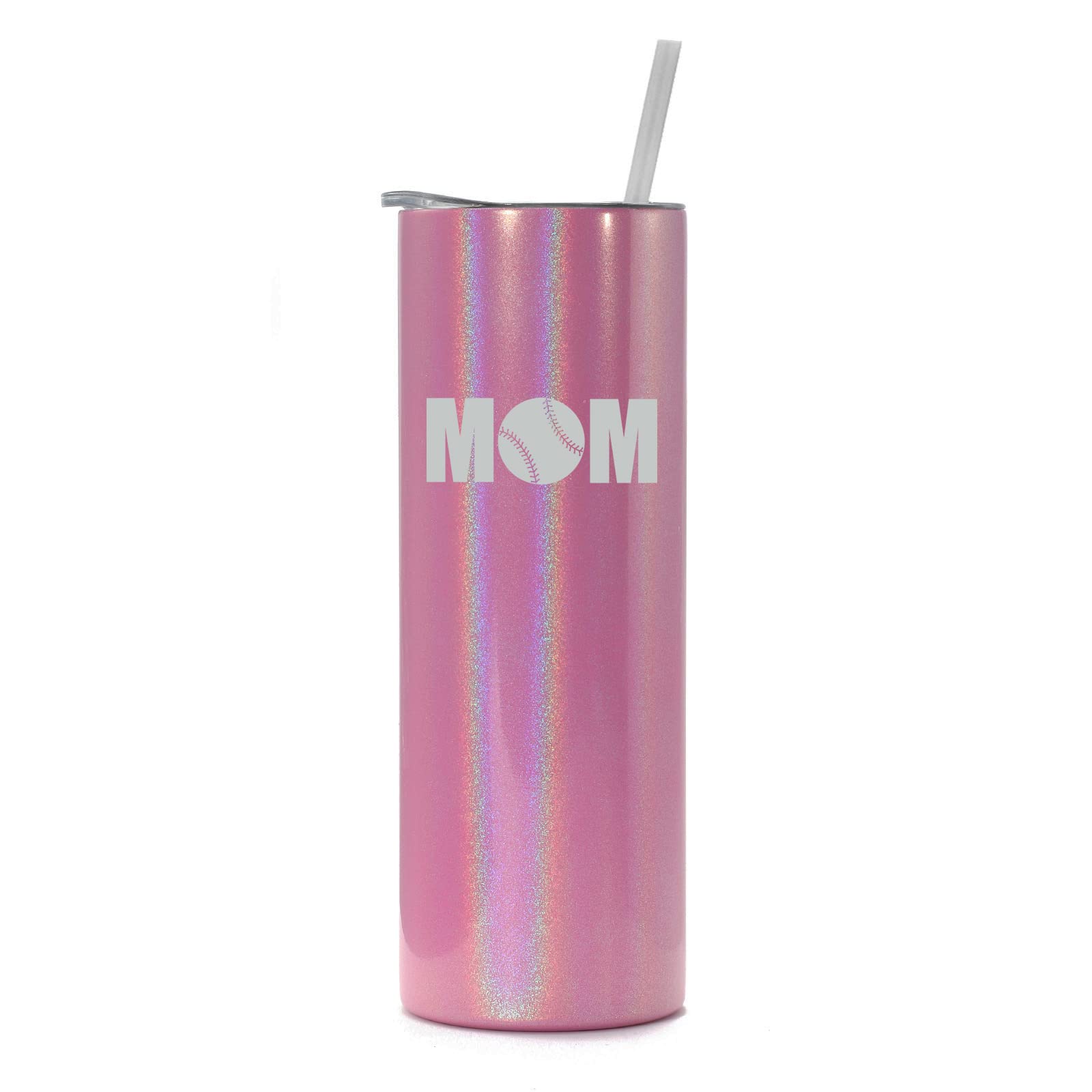 20 oz Skinny Tall Stainless Steel Vacuum Insulated Tumbler with Straw - Pink Iridescent Glitter Travel Mug for Hot & Cold Drinks - Perfect for Baseball/Softball Moms, Office Commute & Outdoor Activities