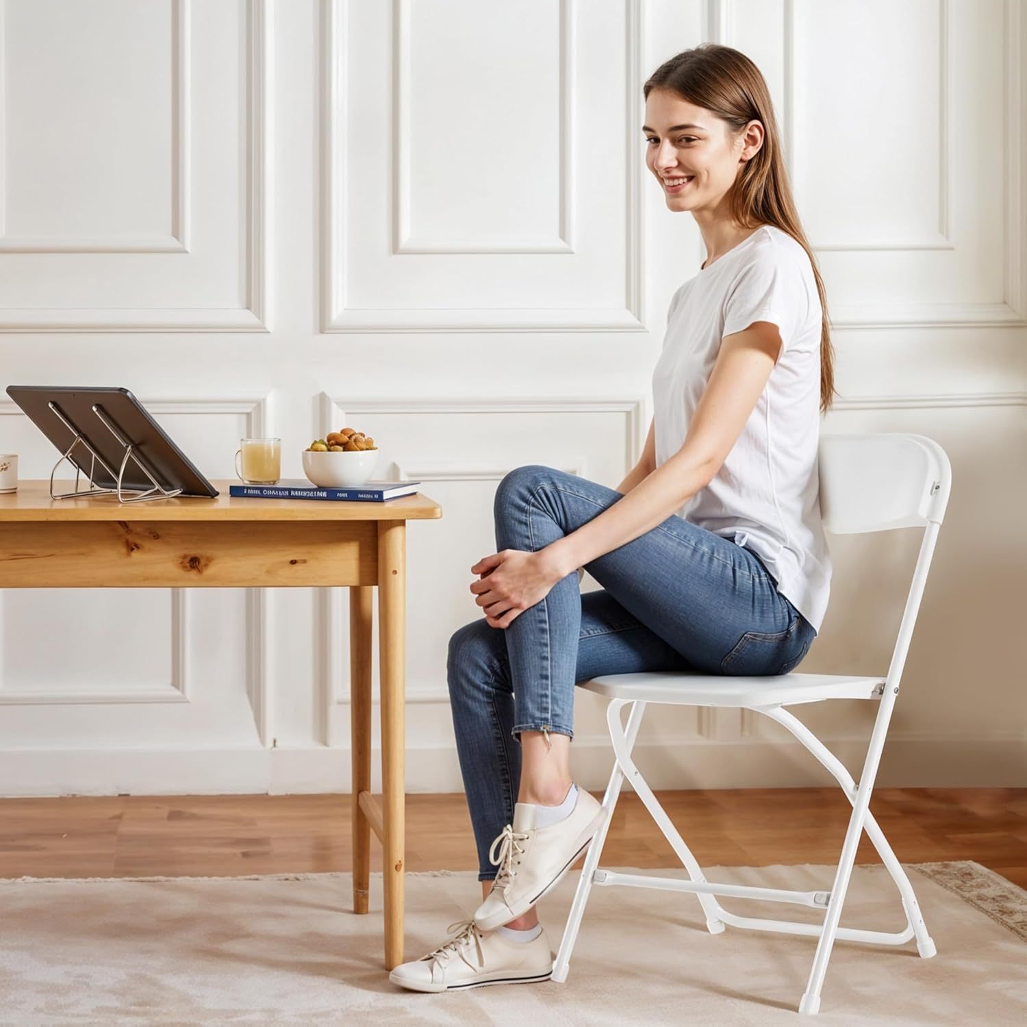 10 Pack White Plastic Folding Chairs with Metal Frame - Foldable, Stackable, Portable - 330lb Capacity - Ideal for Outdoor & Indoor Use - Perfect for Parties, Weddings, Events, Office, Patio, Picnic, Kitchen - Great for Home, Commercial & Event Venues