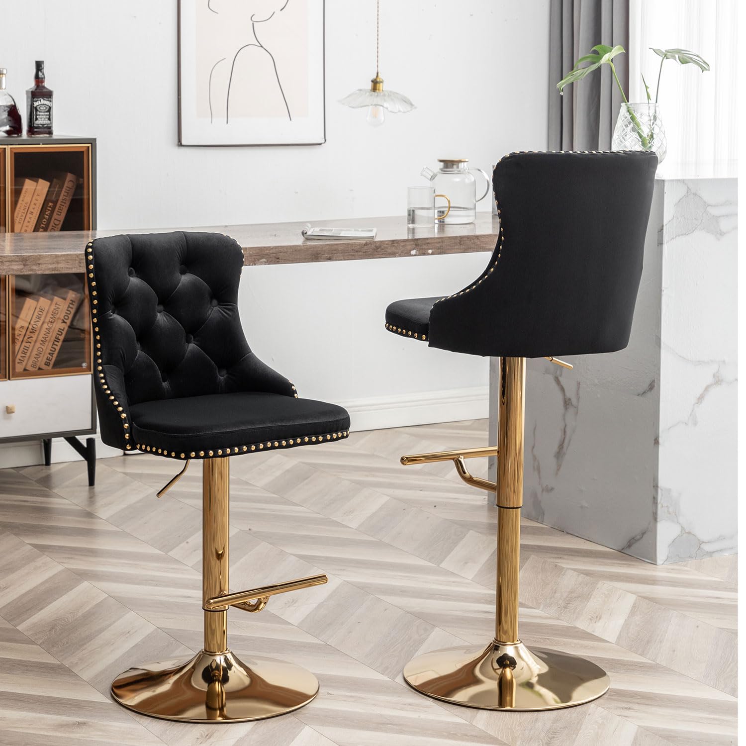 Gold Velvet Bar Stools Set of 4 - Swivel Counter Height Barstools with Nailhead Trim & Button Tufting - Adjustable Stools for Kitchen Island, Pub, Club - Perfect for Home Bar, Dining Room & Entertainment Areas (Black)