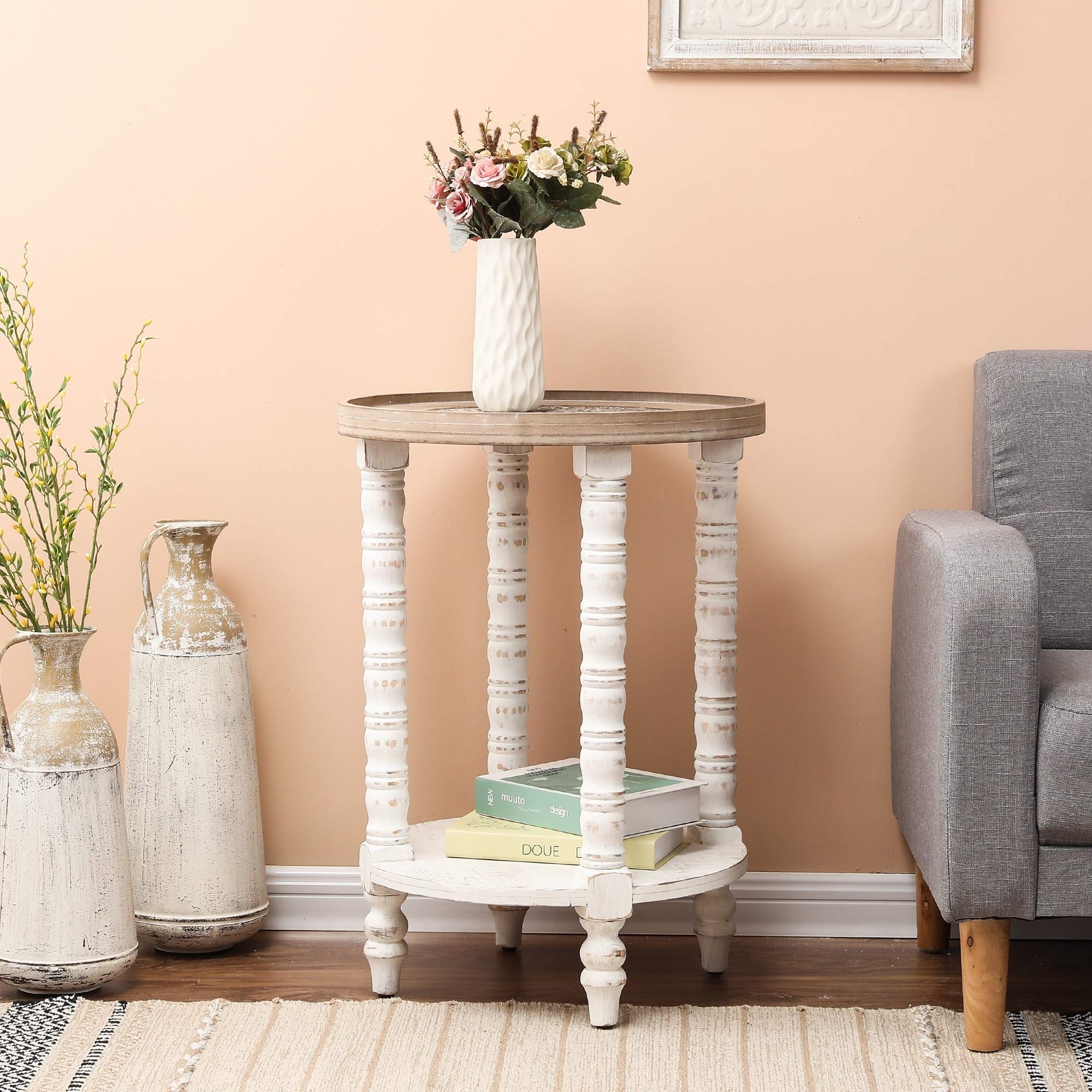 Distressed White Wood Round Accent Table with Shelf - Natural MDF Finish for Living Room, Bedroom & Entryway Decor