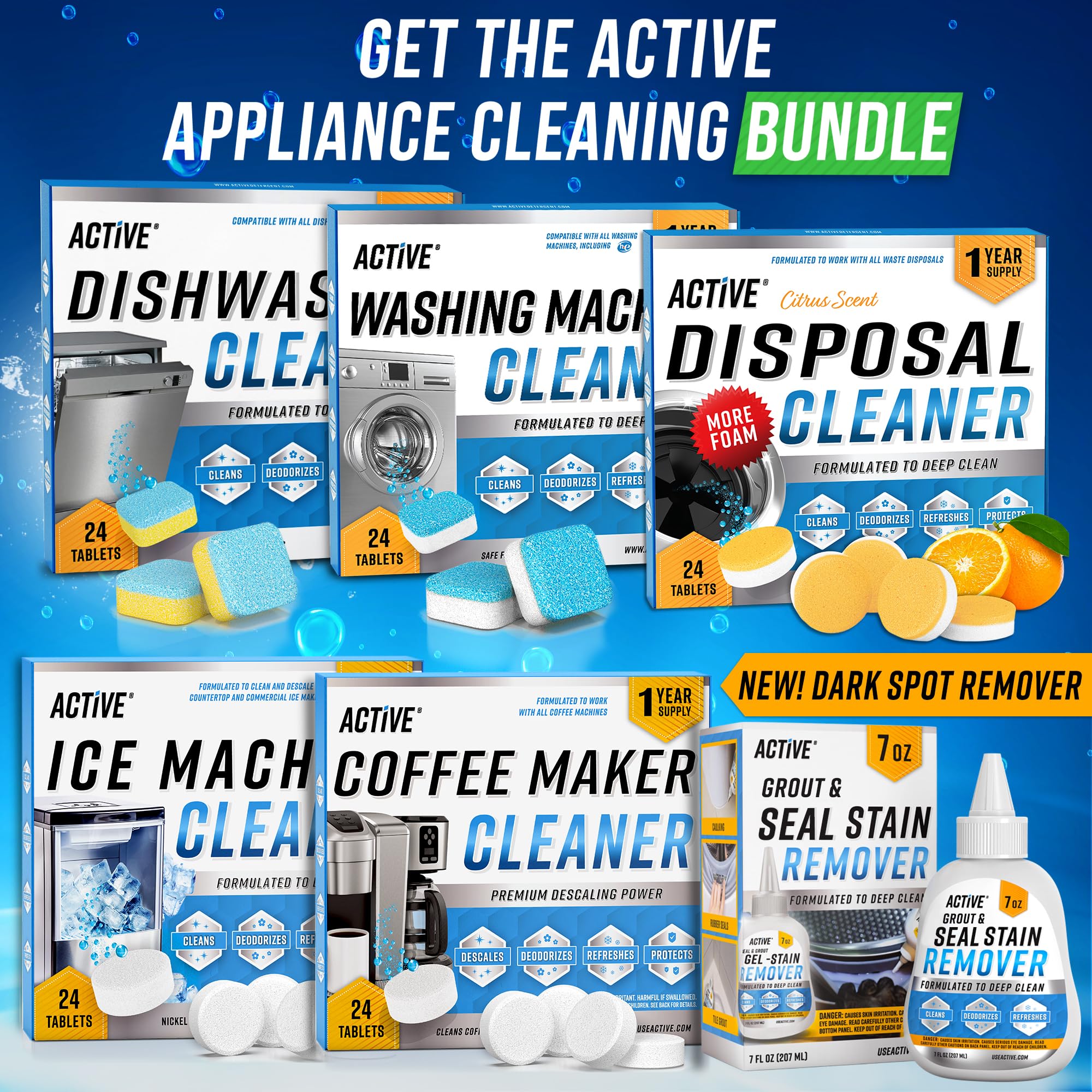 ACTIVE Washing Machine Cleaner Descaler Tablets - 24 Pack | Deep Cleaning for HE Front Load & Top Load Washers | Removes Odor, Mold & Residue | Safe for All Machines | Perfect for Monthly Maintenance & Laundry Refresh
