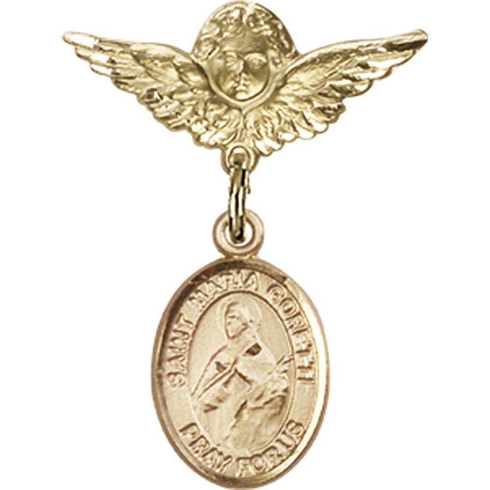 Gold Filled Baby Badge with St. Maria Goretti Charm & Angel Wing Pin - 1 x 3/4 Inch Religious Jewelry - Perfect for Baptism, First Communion & Christening Gifts