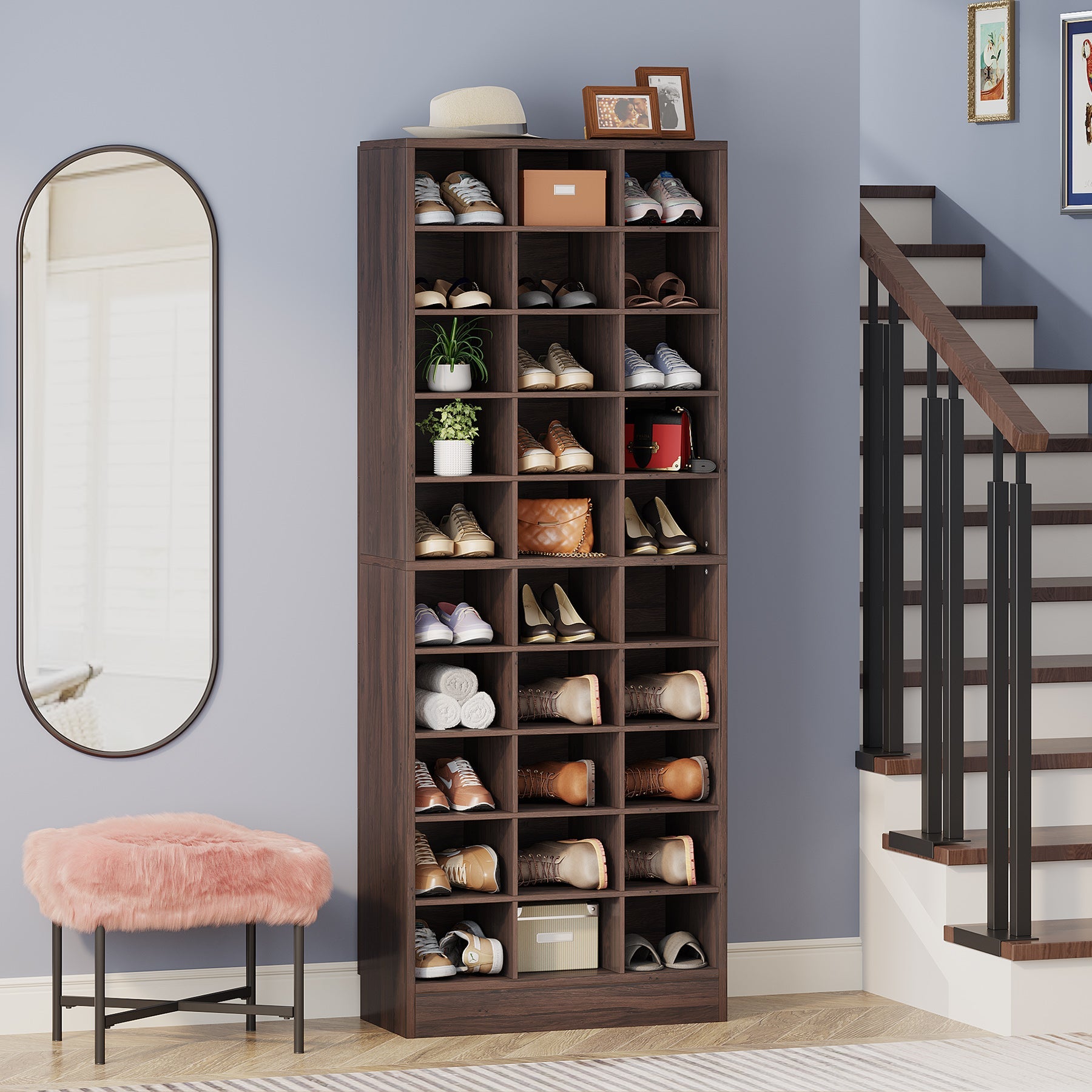 10-Tier Wooden Shoe Storage Cabinet with 30 Cubbies - Space Saving Shoe Organizer for Entryway, Closet & Bedroom - Perfect for Sneakers, Boots & Sandals