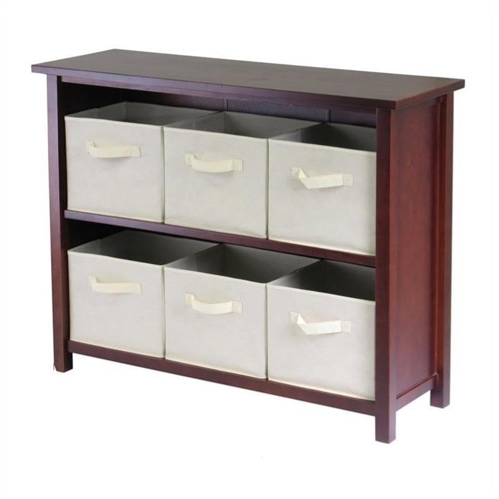 Pemberly Row 3-Tier Solid Wood Storage Shelf with Baskets - Walnut/Beige Finish for Living Room, Bedroom, or Bathroom Organization