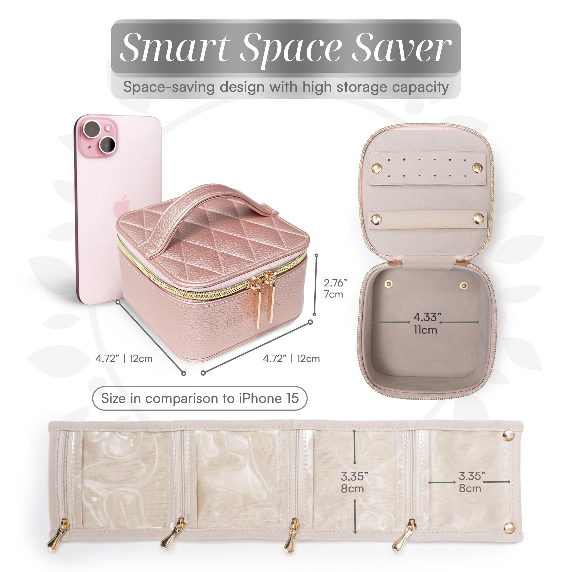 Premium Leather Travel Jewelry Organizer Case - Anti-Tangle Jewelry Storage Box for Women - Portable Jewelry Organizer with Multiple Compartments - Perfect for Vacations, Business Trips & Daily Use (Elegant Pearl Pink)