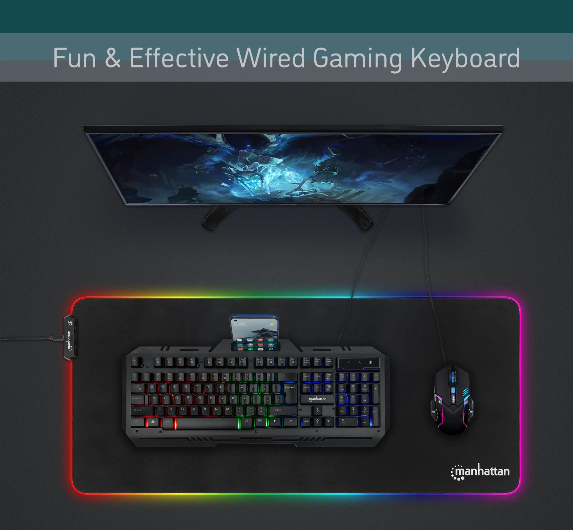 RGB Backlit Wired Gaming Keyboard with Metal Base & Splashproof Design - Quiet Mechanical Keys, Phone Holder & Multimedia Controls for PC, Computer, Desktop - Perfect for Gamers, Office Work & Streaming - 3 Year Warranty (Model: 180610)