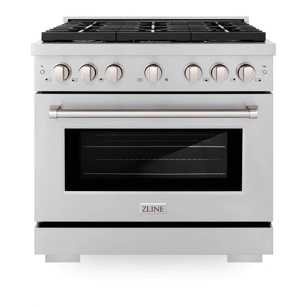 ZLINE 36 Inch Stainless Steel Kitchen Package - Gas Range, Range Hood, Microwave Drawer, Dishwasher & Beverage Fridge (5KP SGRRH36 MWDWV RBV) | Premium Appliance Bundle for Modern Kitchens, Home Chefs & Entertaining