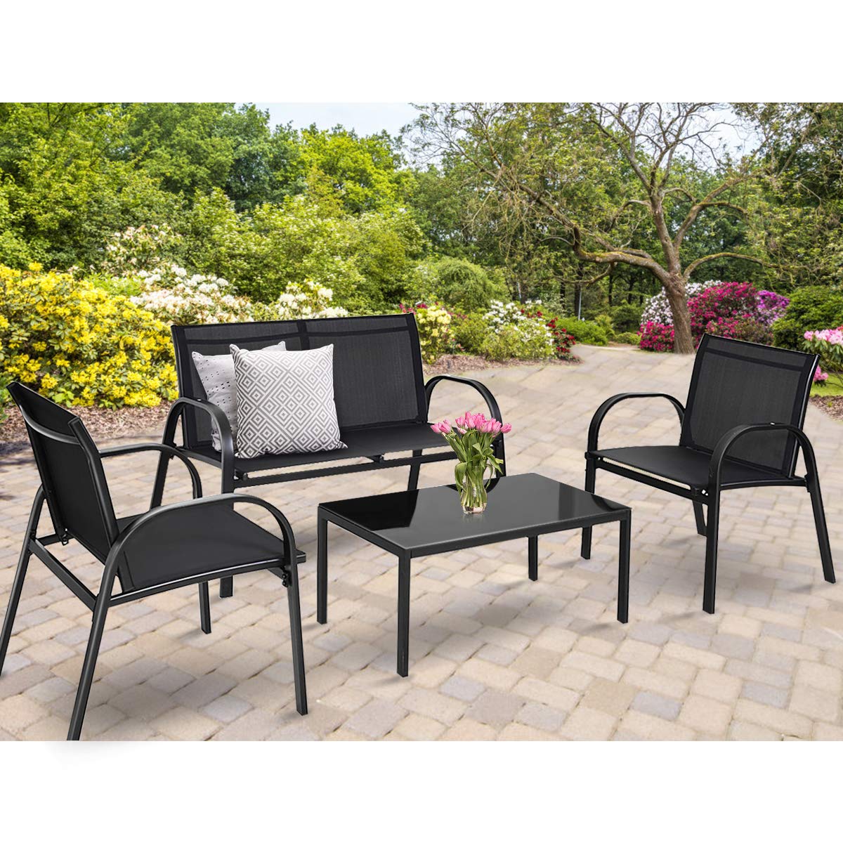 HAPPYGRILL 4-Piece Outdoor Patio Conversation Set with Coffee Table - Garden, Lawn & Backyard Furniture for Relaxing & Entertaining