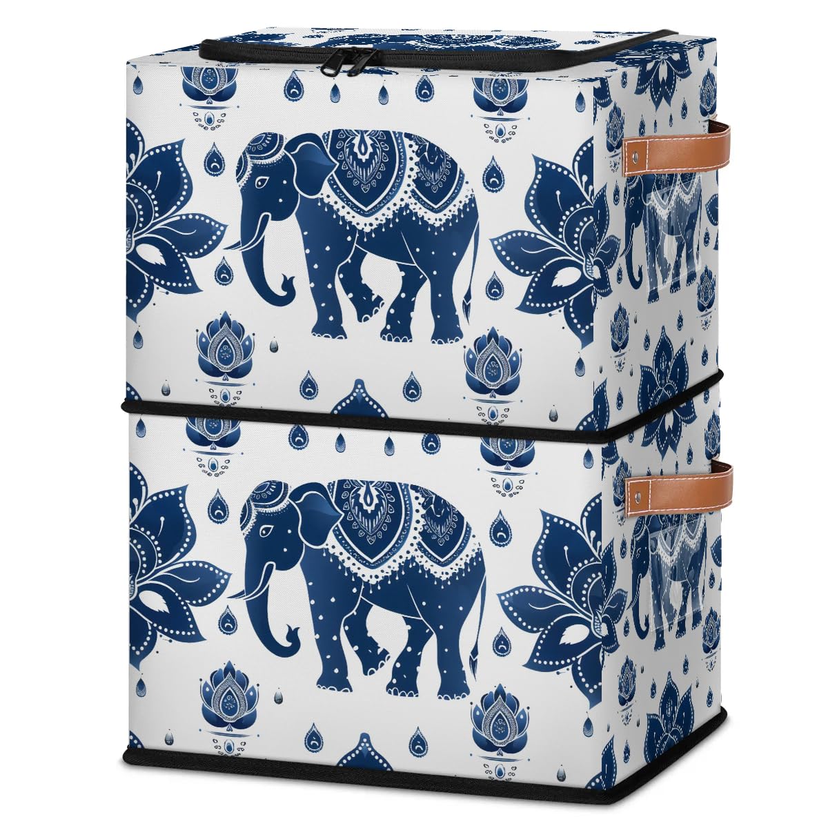 Vintage Elephant Pattern Storage Bins with Zipper Lid - 2 Pack Stackable Closet Organizer Baskets with Metal Frame & PU Handles | Perfect for Clothes, Toys, and Home Organization