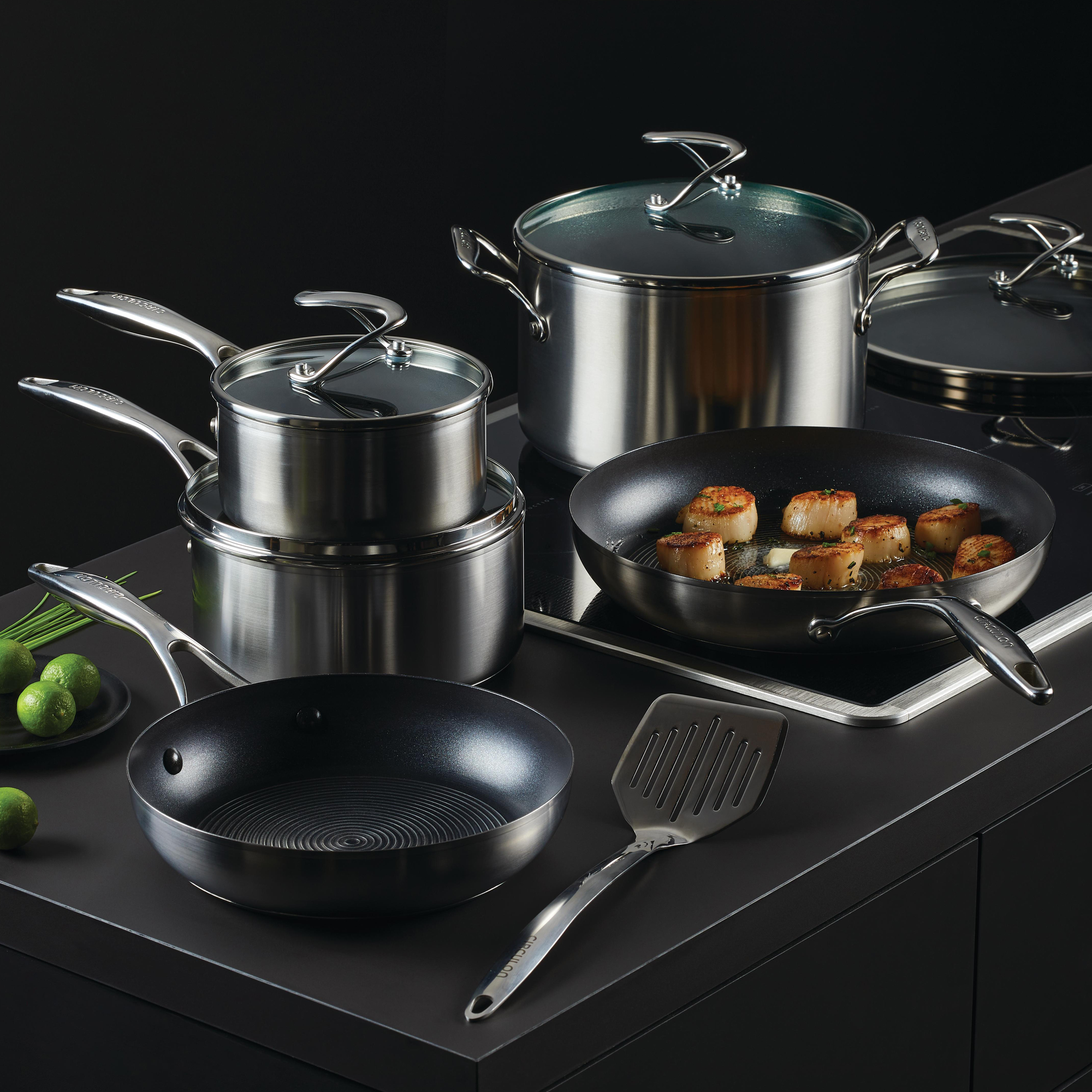 10-Piece Hybrid Stainless Steel Cookware Set - Nonstick Pots and Pans with Glass Lids - Perfect for Frying, Boiling, and Sauteing in Modern Kitchens