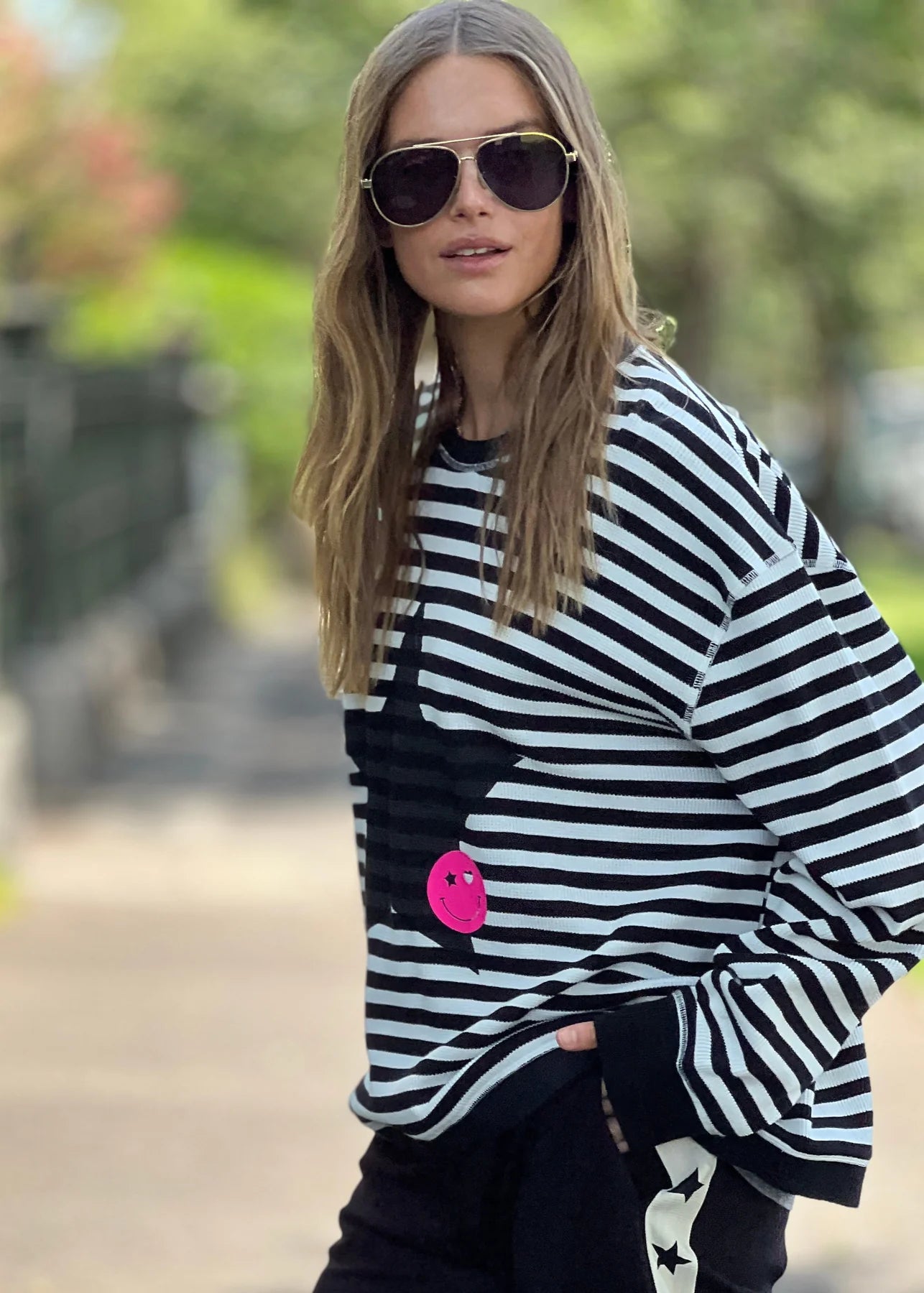 Star Stripe Black & White Waffle Knit Top for Women - Casual Loose Fit Long Sleeve Shirt for Fall & Winter | Perfect for Layering, Office Wear and Weekend Outfits