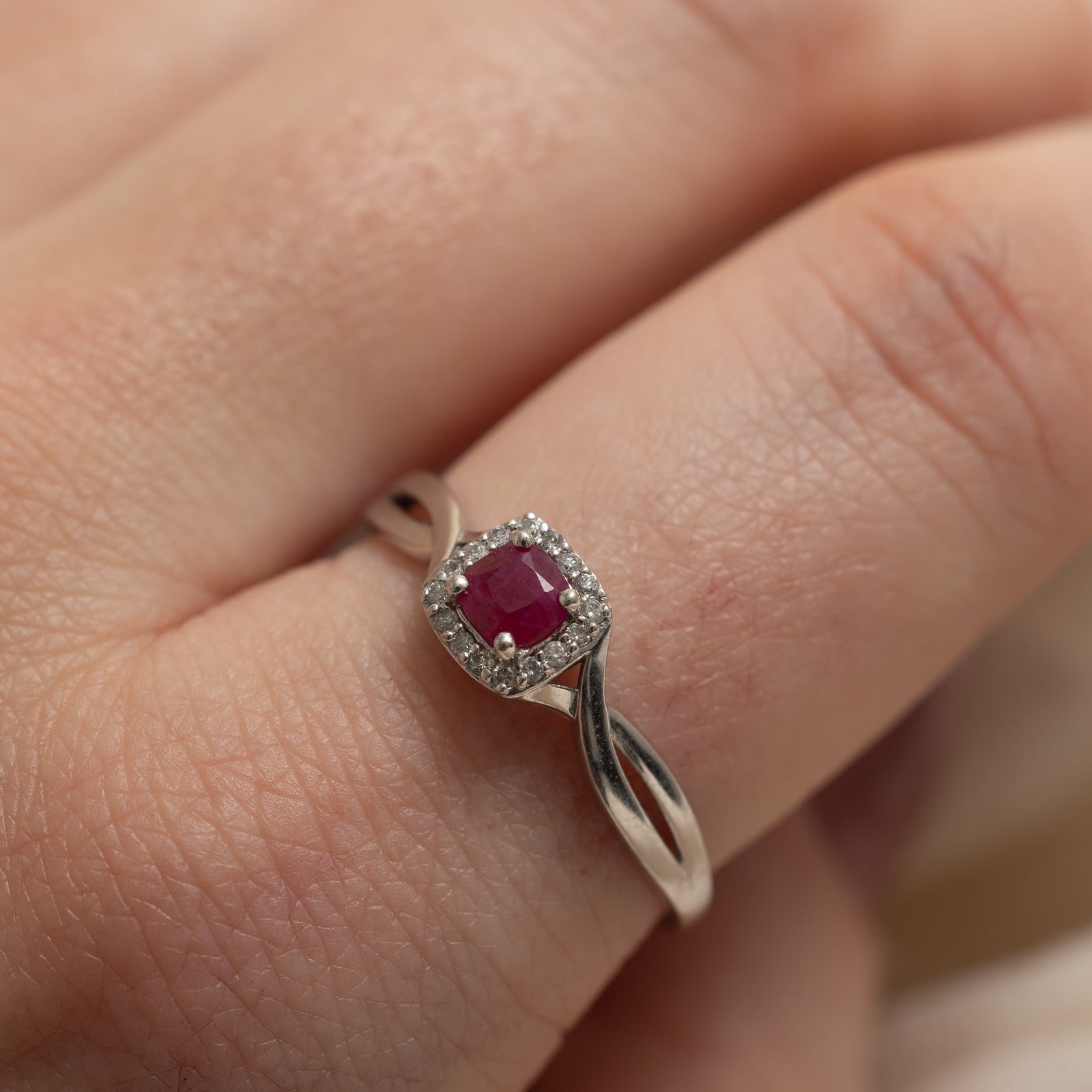 Square Cut Ruby & Diamond Halo Ring - 0.14ct Ruby & 0.10ctw Diamonds - Size 10.25 - Elegant Engagement, Anniversary & Gift Jewelry for Women