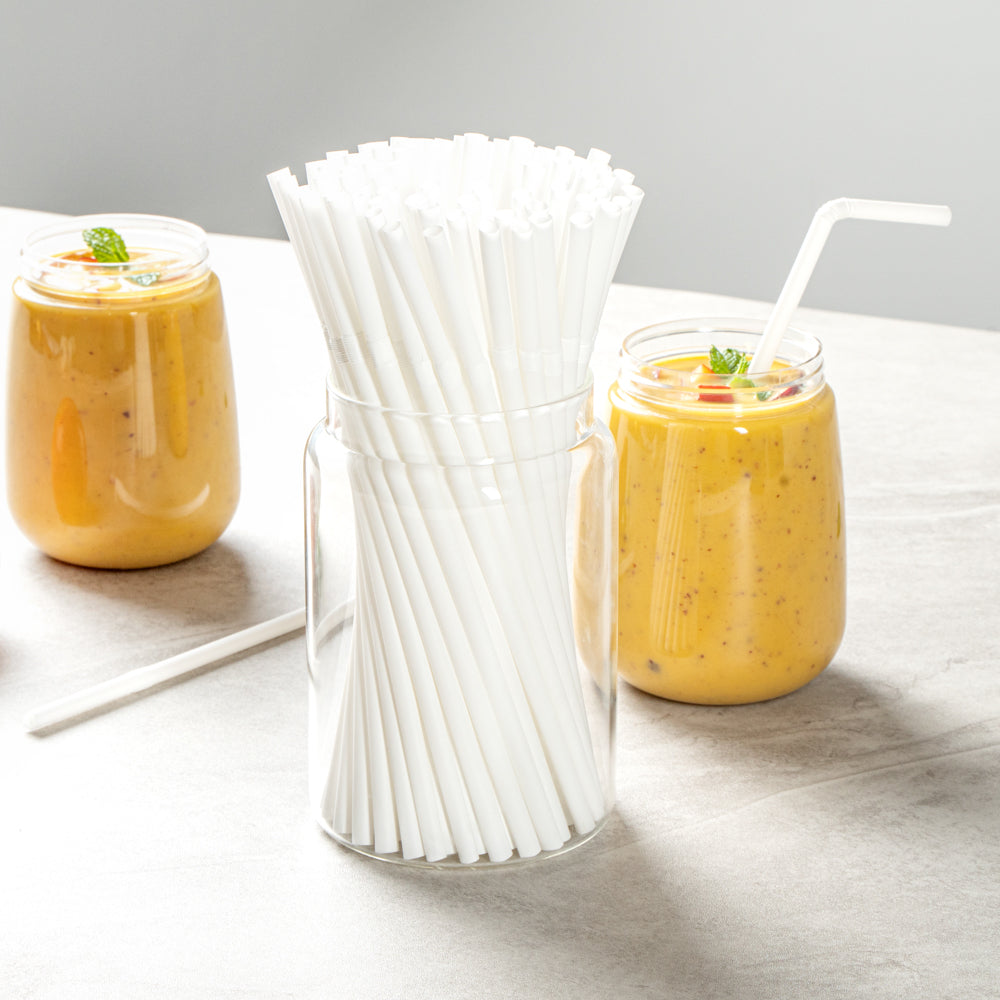 Eco-Friendly White PLA/PBAT Plastic Straws - Flexible, Compostable, 8.25