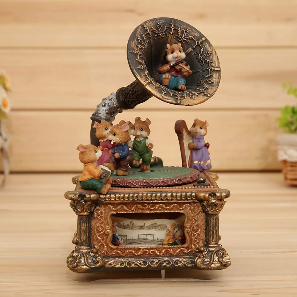 Vintage Animal Concert Music Box - Cartoon Rotating Phonograph with Resin Carved Mechanism - Perfect Gift for Kids & Girls (Christmas/Birthday) - Plays Melody from Castle in The Sky - Ideal for Bedroom Decor, Kids' Room, Gift Giving & Music Lovers