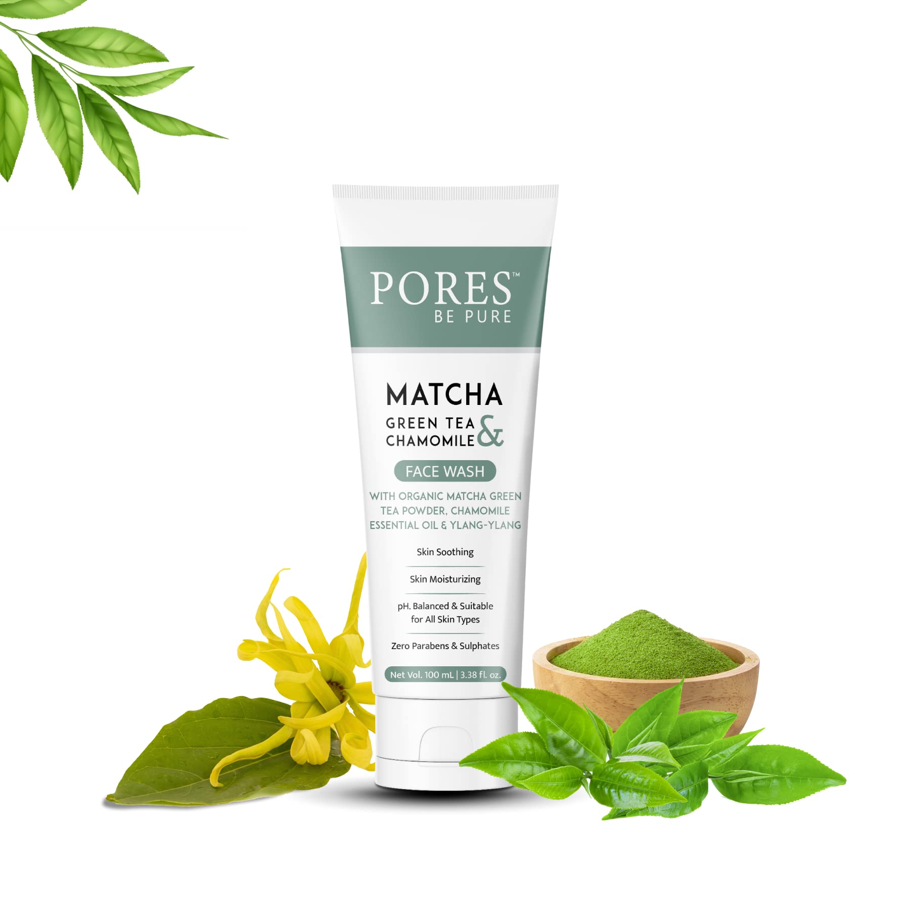 PORES Be Pure Green Tea Pore Cleansing Face Wash for Oily Skin with Vitamin C - Oil Control & Exfoliating Formula | Gentle Non-Drying Vegan Cleanser for Women & Men | 100ml | Perfect for Daily Skincare Routine & Acne-Prone Skin