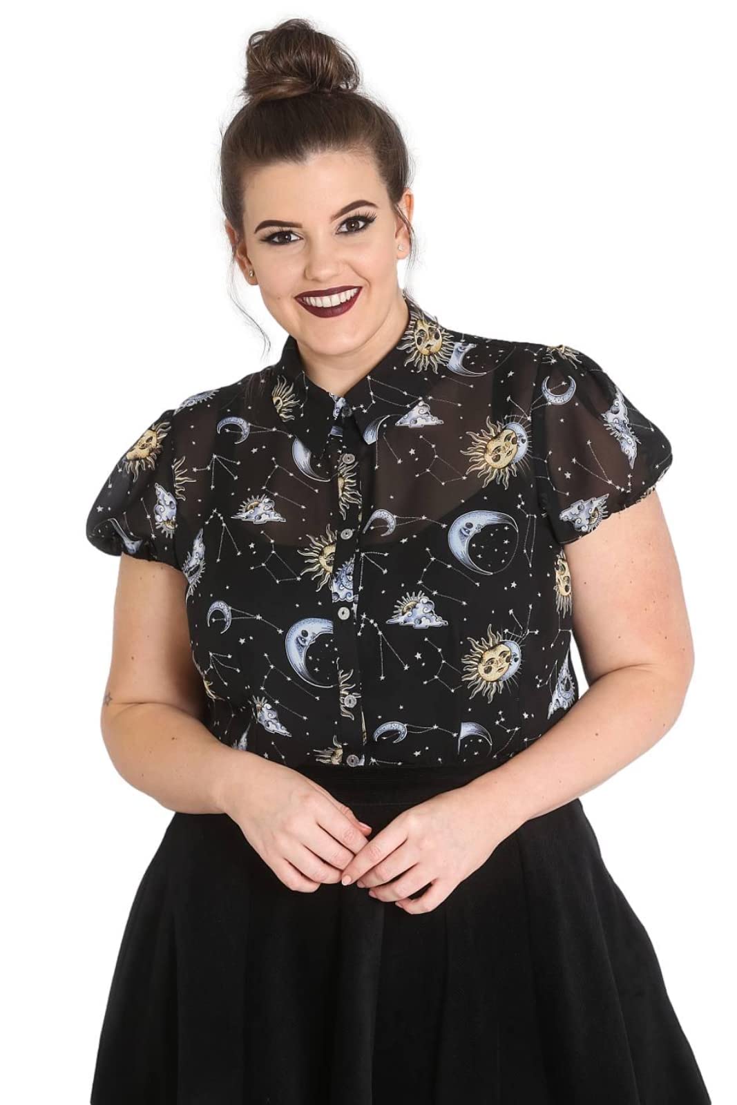 Hell Bunny Solaris Sun Moon Stars Gothic Wicca Chiffon Blouse - Vintage Boho Witchy Top for Women (XS-4XL) | Perfect for Halloween, Steampunk & Pagan Festivals