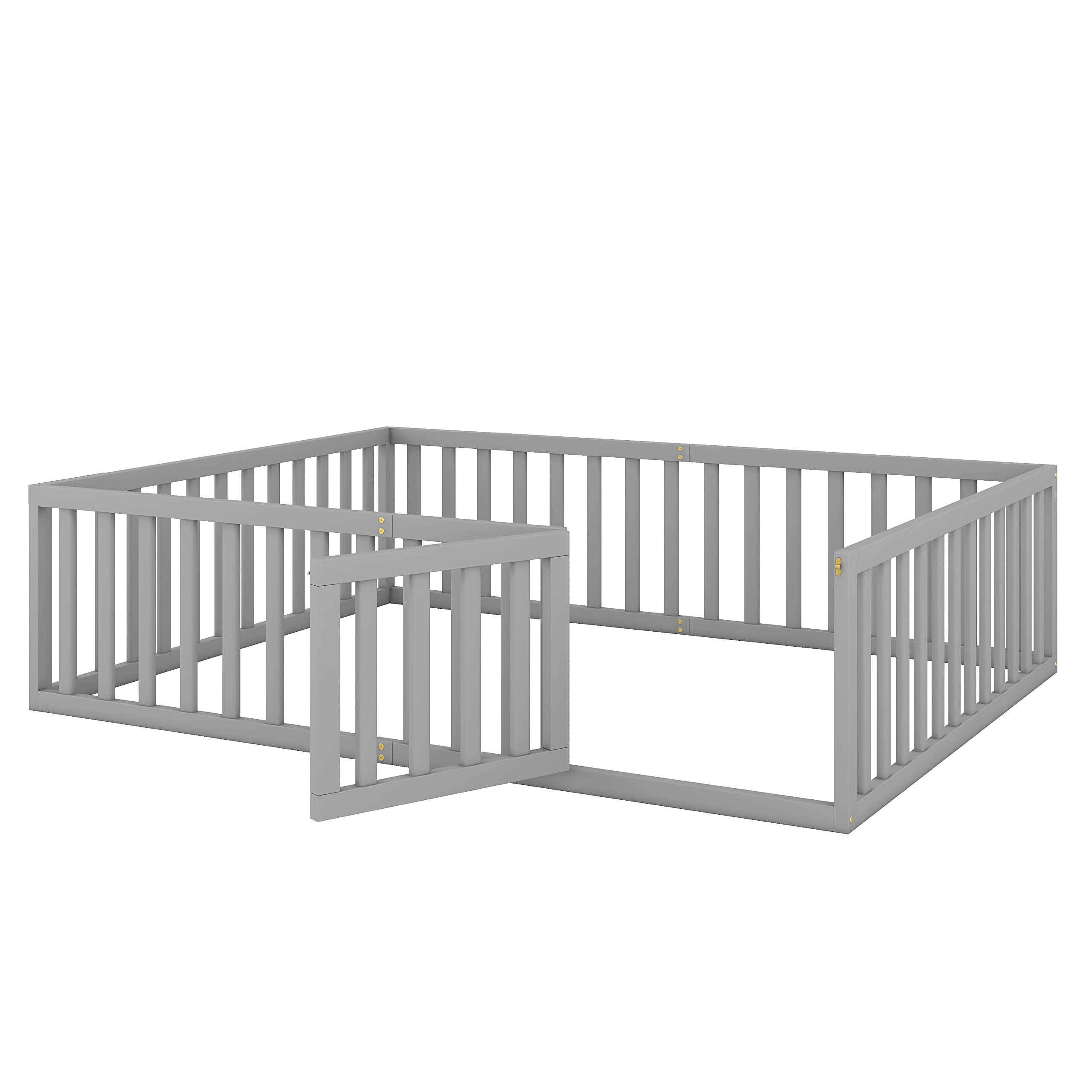 Harper & Bright Designs Queen Size Montessori Floor Bed with Safety Fence - Solid Wood Platform Bed Frame for Kids, Boys & Girls - Gray - Perfect for Child's Room, Playroom & Montessori Learning Spaces