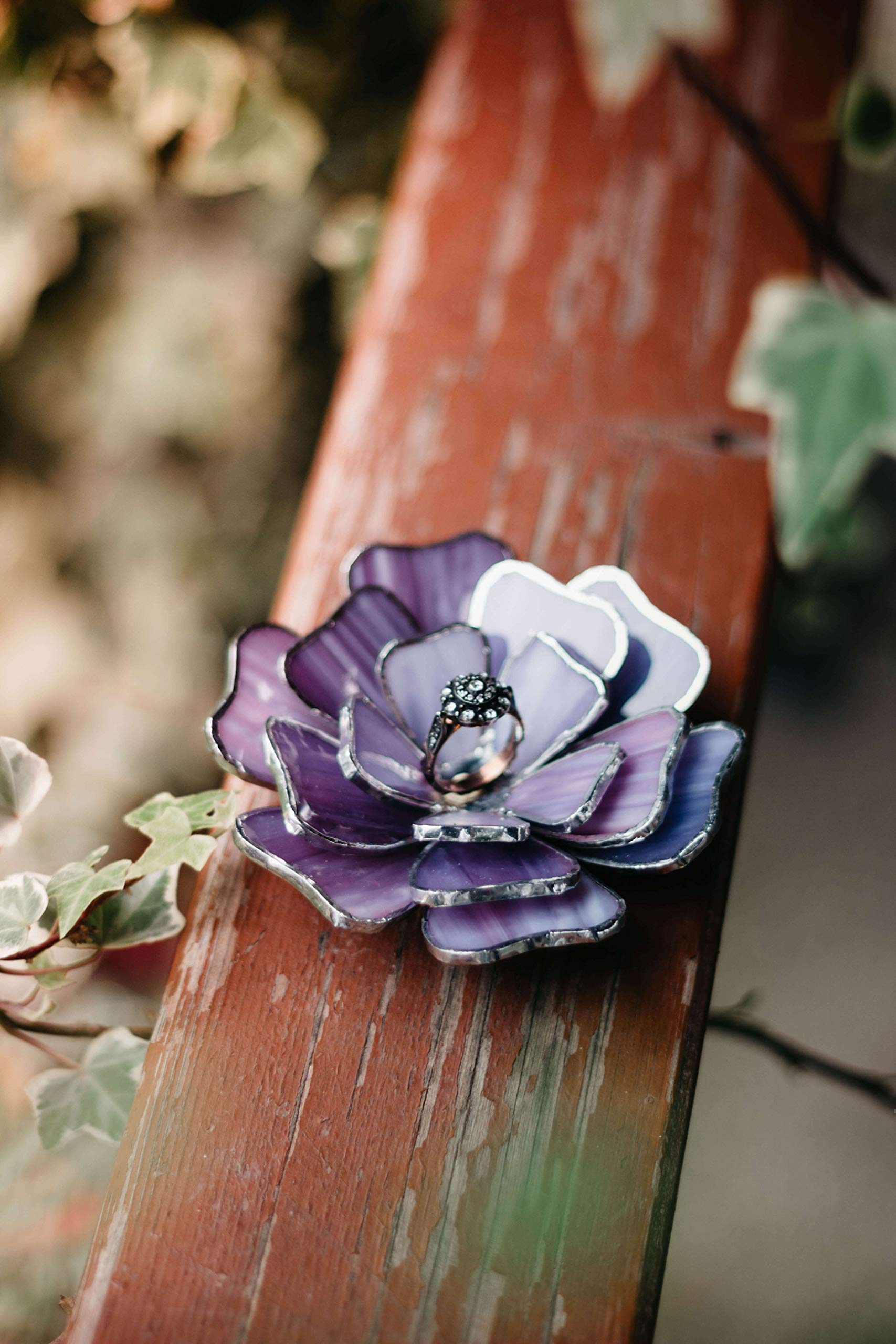 Opalescent Glass Ring Holder - Elegant Jewelry Dish & Flower Ring Tray for Engagement, Wedding, Anniversary - Perfect Valentine's Day Gift & Wedding Decor (Purple) | Ideal for Displaying Rings, Earrings, and Small Trinkets on Dresser, Vanity or Bridal Shower Decor