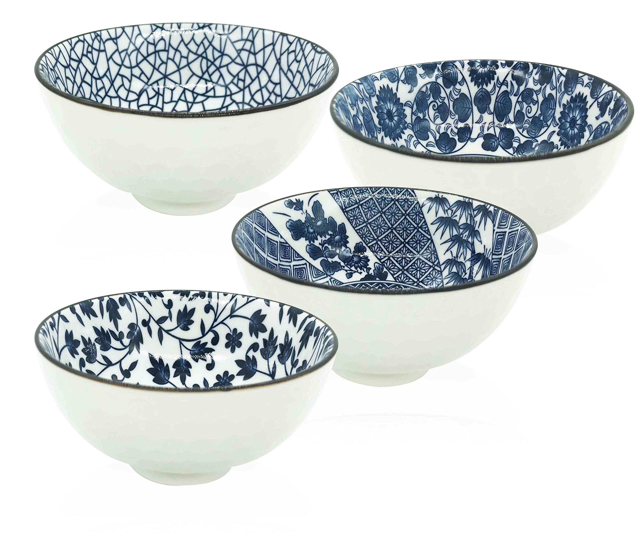 Japanese Style Ceramic Rice Bowl Set of 4 - Traditional Blue and White Underglazed Dinnerware for Dessert, Snack, Cereal & Soup - Perfect for Asian Cuisine, Home Dining & Gift Giving