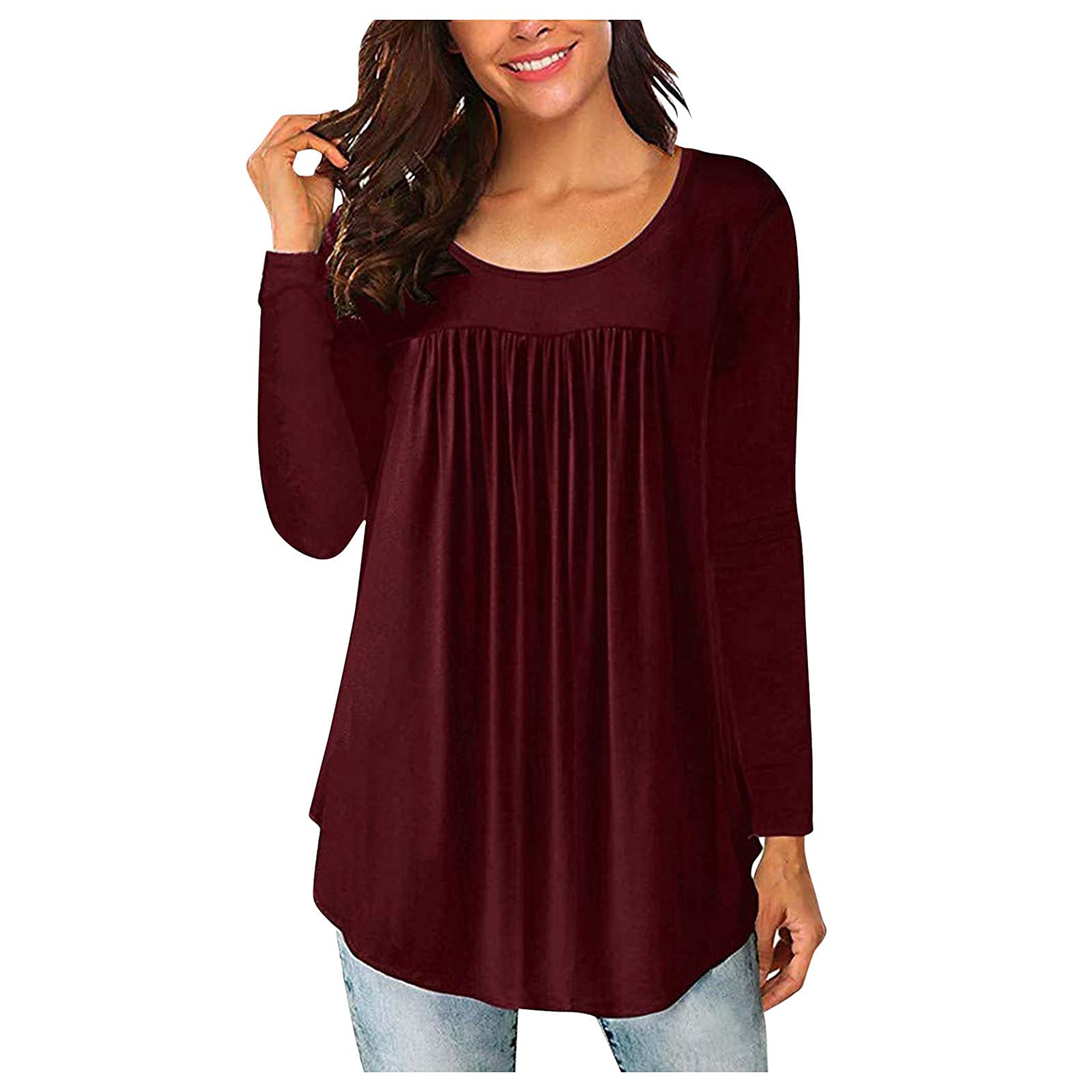 Women's Solid Color Pleated Swing Shirt Dress - Long Sleeve Crewneck Loose Pullover Blouse & Casual Mini Dress - Perfect for Office Wear, Date Night and Everyday Outfits