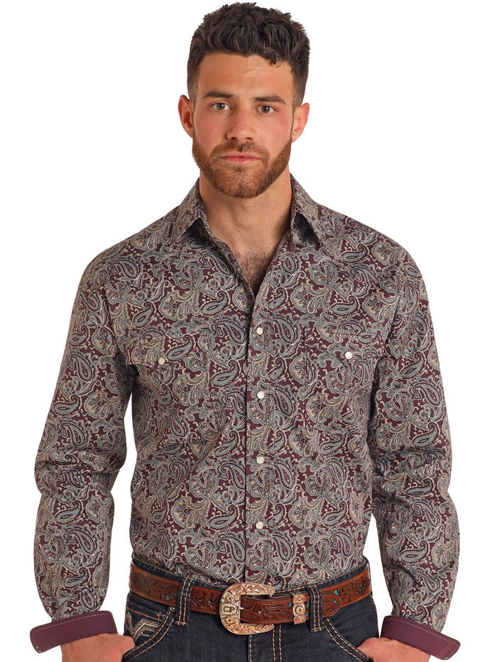 Men's Rough Stock Long Sleeve Snap Shirt - Dark Orchid Indigo Western Shirt for Cowboy, Rodeo & Outdoor Work | Durable Cotton Snap Button Shirt for Ranch, Riding & Casual Wear