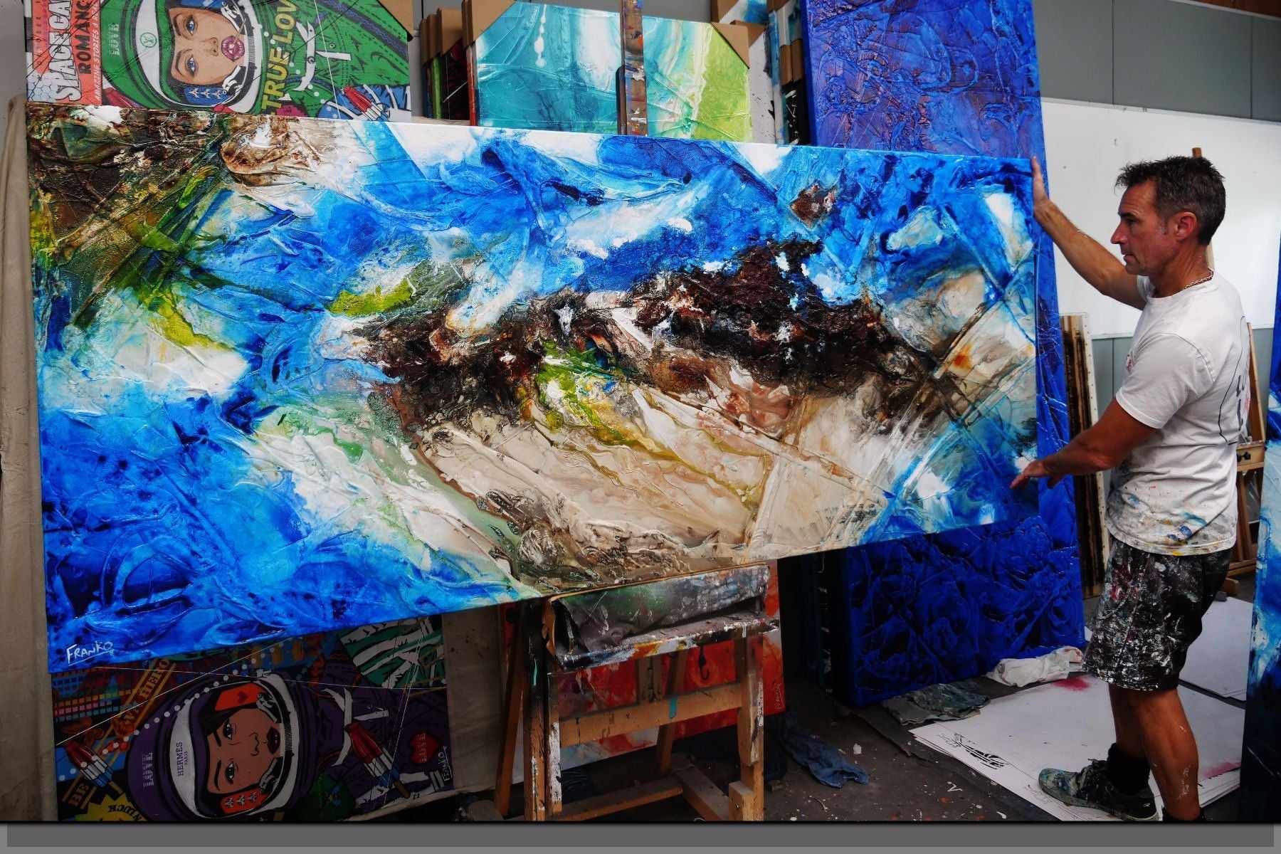 Outback Aquatic 240cm x 100cm Blue Brown Textured Abstract Canvas Wall Art - Modern Home Decor for Living Room, Bedroom & Office