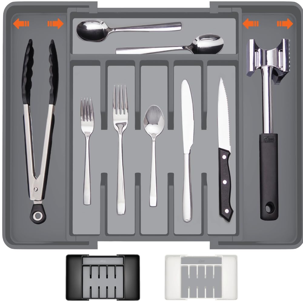 Gorilla Grip Expandable Silverware Organizer for Kitchen Drawers - BPA-Free Adjustable Cutlery Holder with Non-Slip Rubber Lining & Grip Feet, Gray Utensil Drawer Tray for Flatware Storage - Perfect for Home Kitchen Organization & Dining Utensil Management