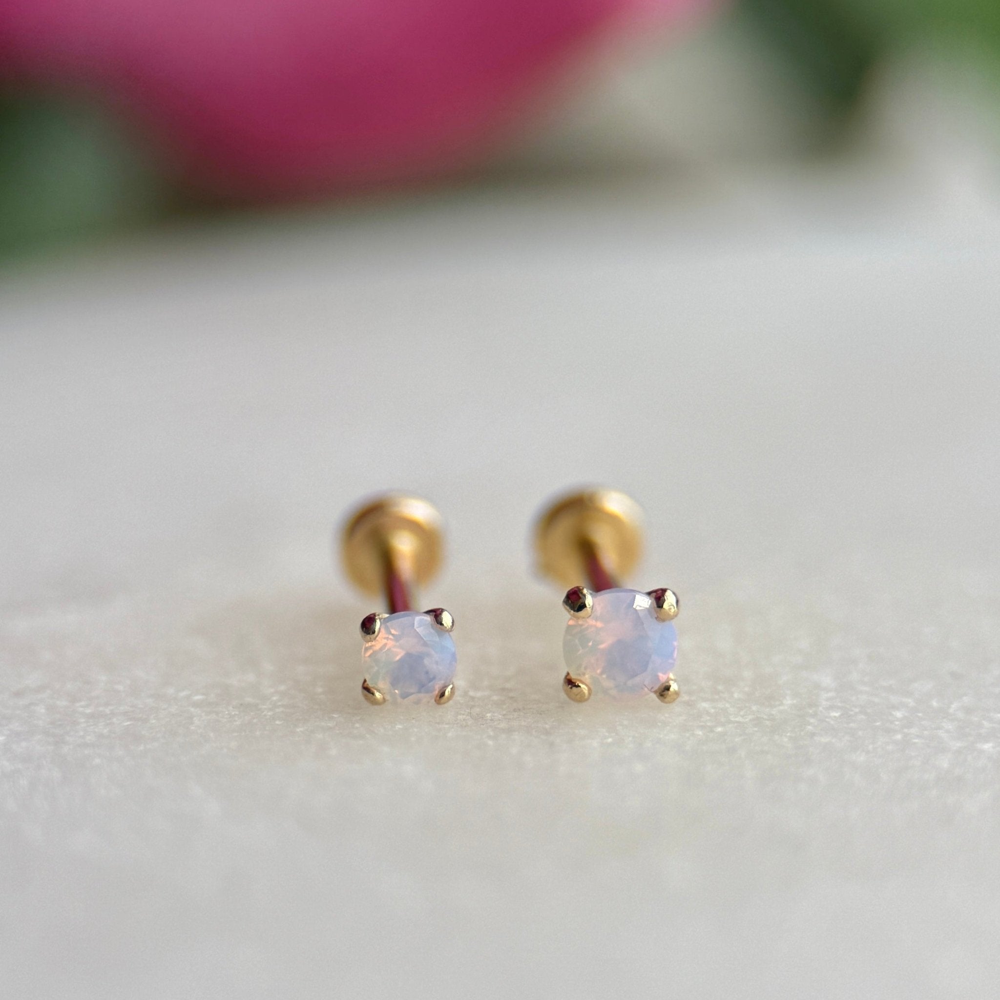 14k Yellow Gold Pink Opal Cartilage Flat Back Stud Earrings - Dainty & Hypoallergenic Jewelry for Women, Perfect for Everyday Wear & Special Occasions